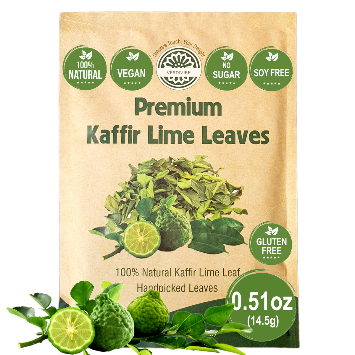 VERDIVIBE Premium Dried Kaffir Lime Leaves pack highlighting authentic Thai aroma for flavorful curries.