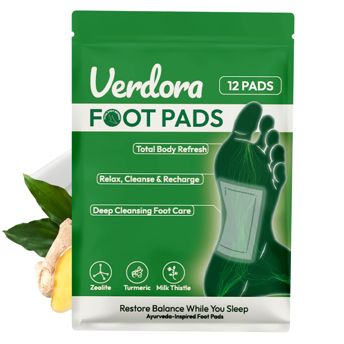 VERDORA Deep Cleansing Foot Pads pack with bamboo vinegar and ginger for relaxation.
