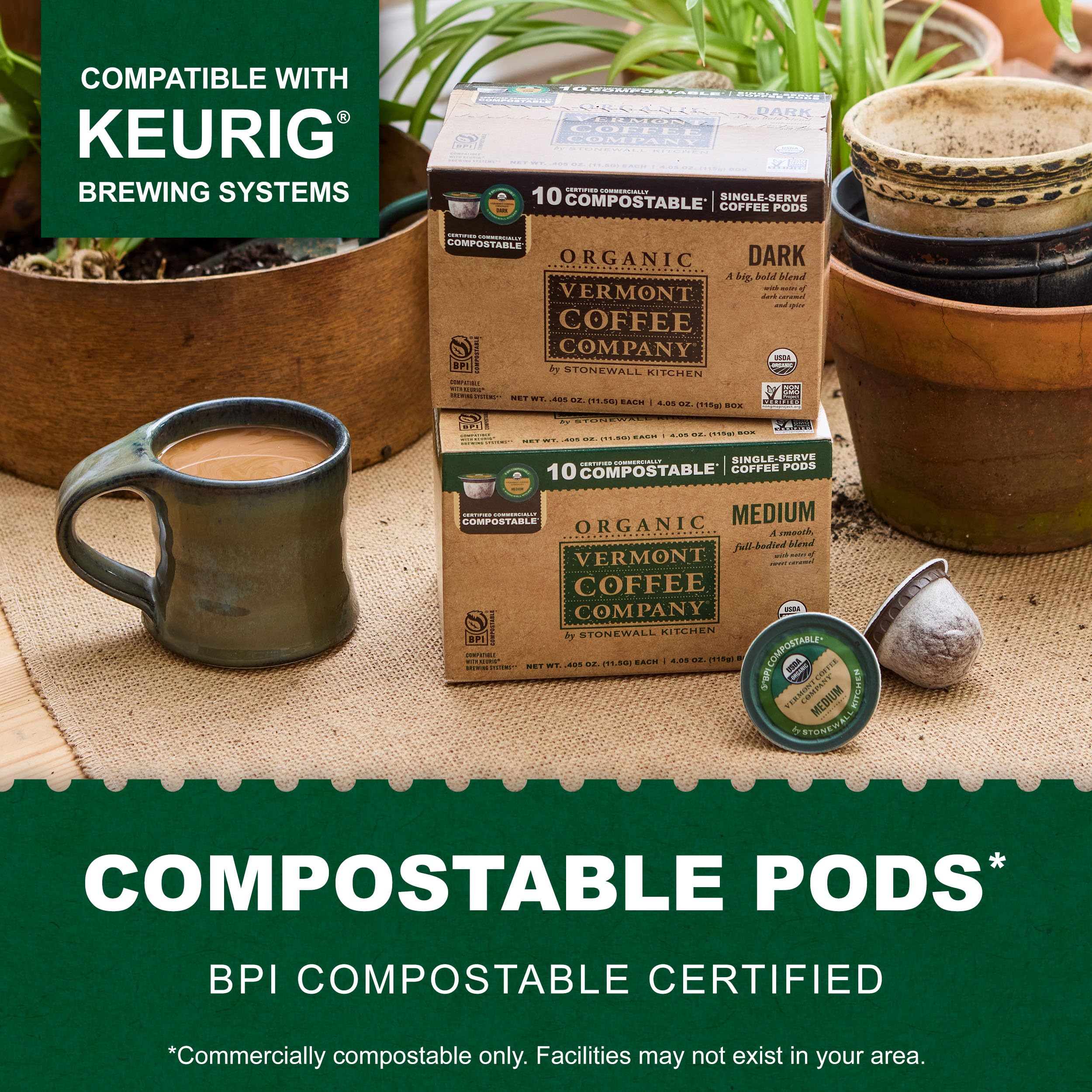 Keurig-compatible Vermont Coffee Company pods enable fast, café-style brews at home.