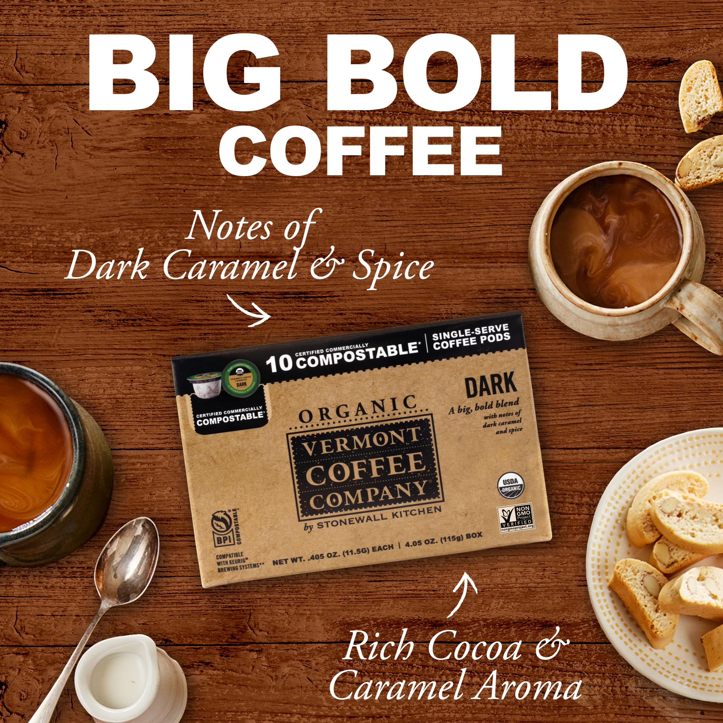 Organic certifications on Vermont Coffee Company label signal trusted standards.
