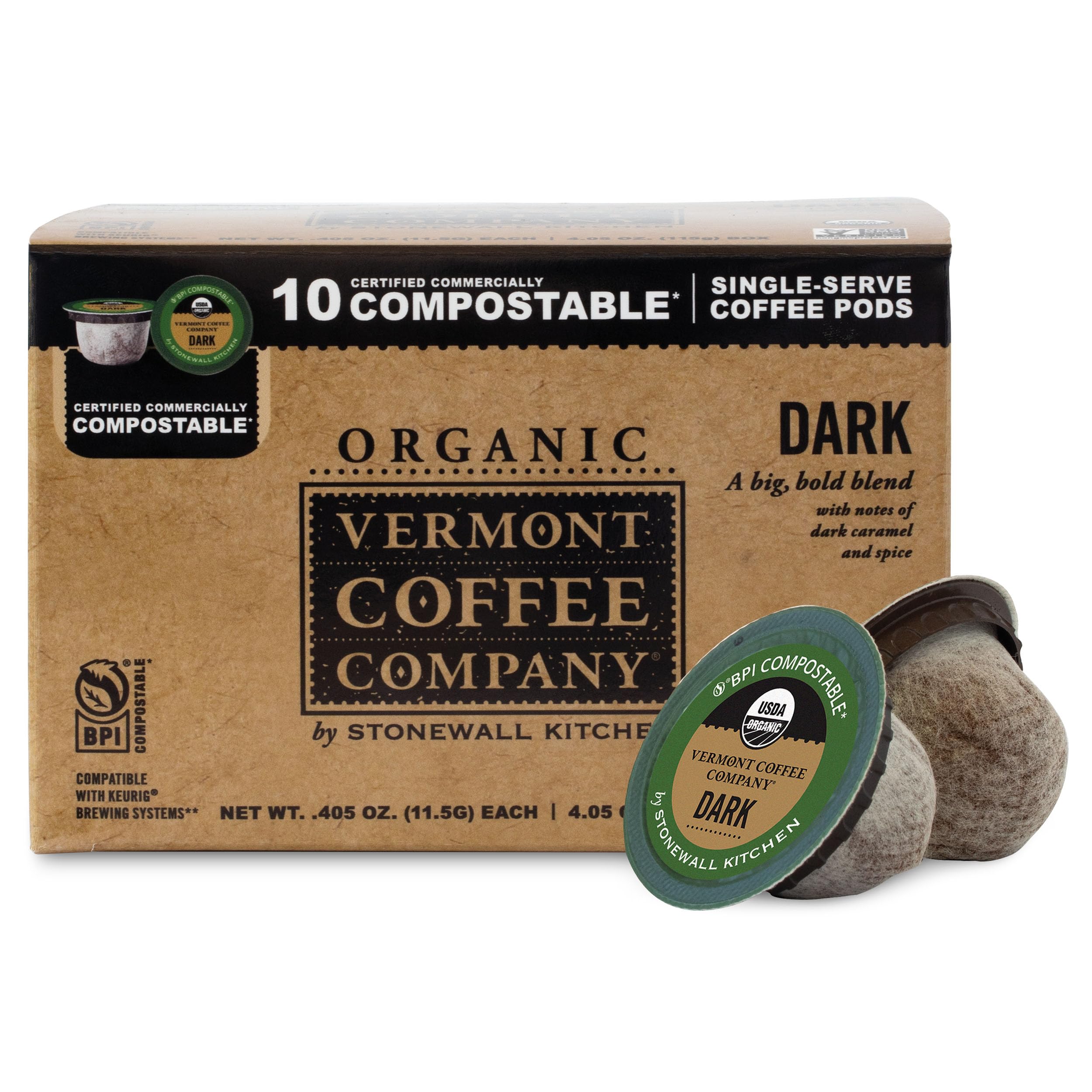 Vermont Coffee Company organic dark roast pods box for quick, flavorful mornings.