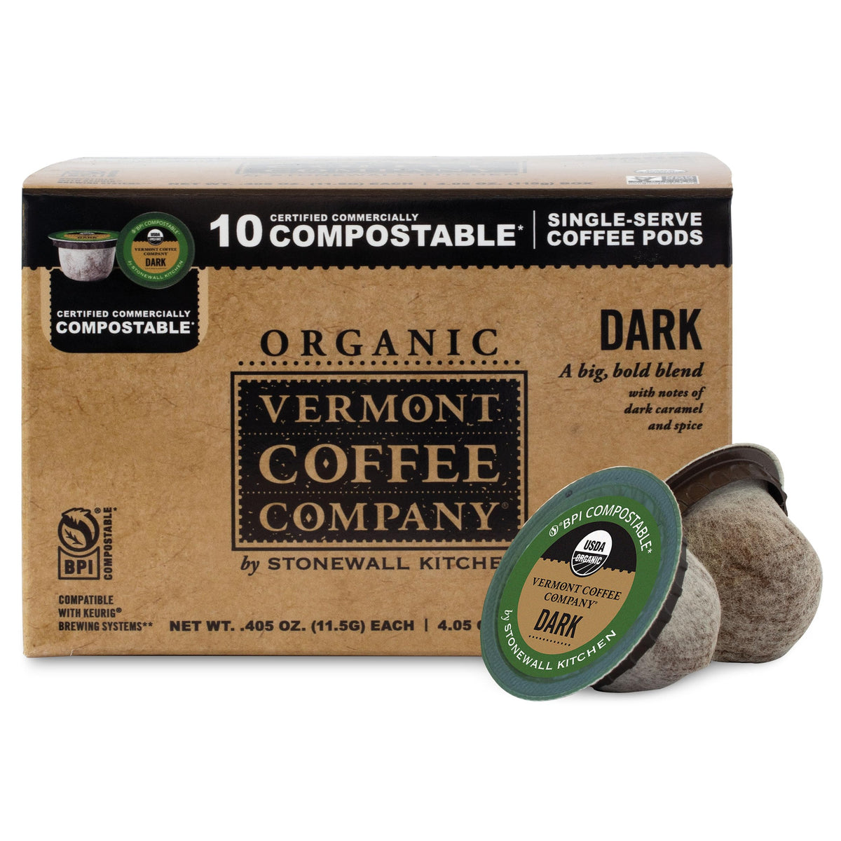 Vermont Coffee Company organic dark roast pods box for quick, flavorful mornings.
