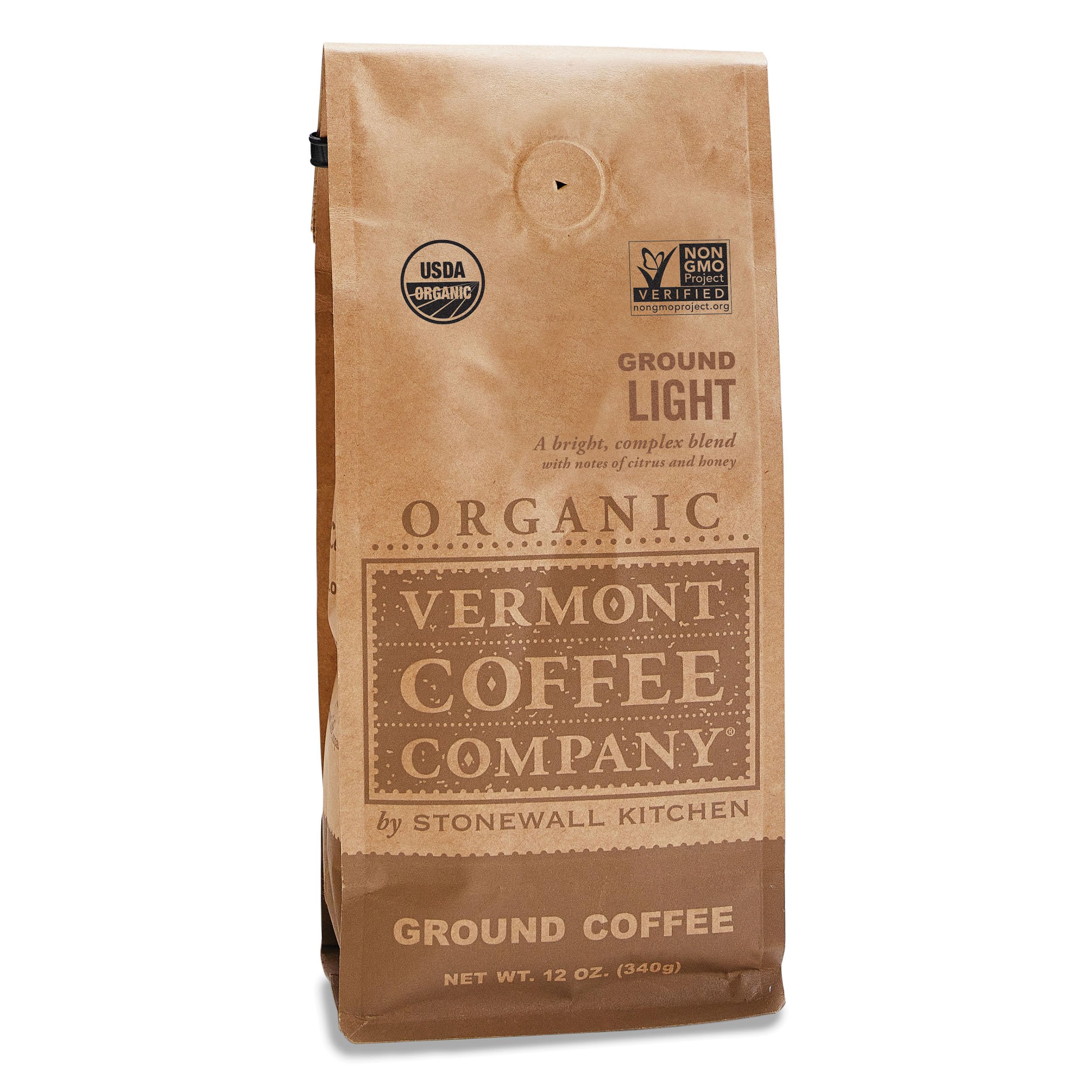 Vermont Coffee Company organic medium roast ground coffee in 12 oz package for a smooth, balanced cup