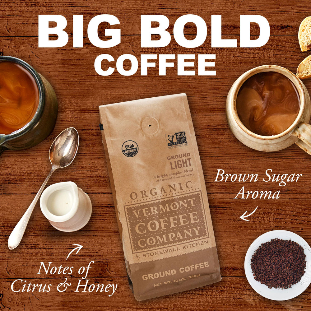 Slow-roasted Vermont Coffee Company grounds with mahogany color and depth