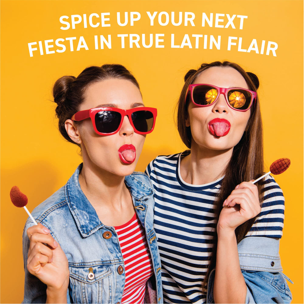 Vero Banda Fuego close-up glossy lollipops with bright chili coating.
