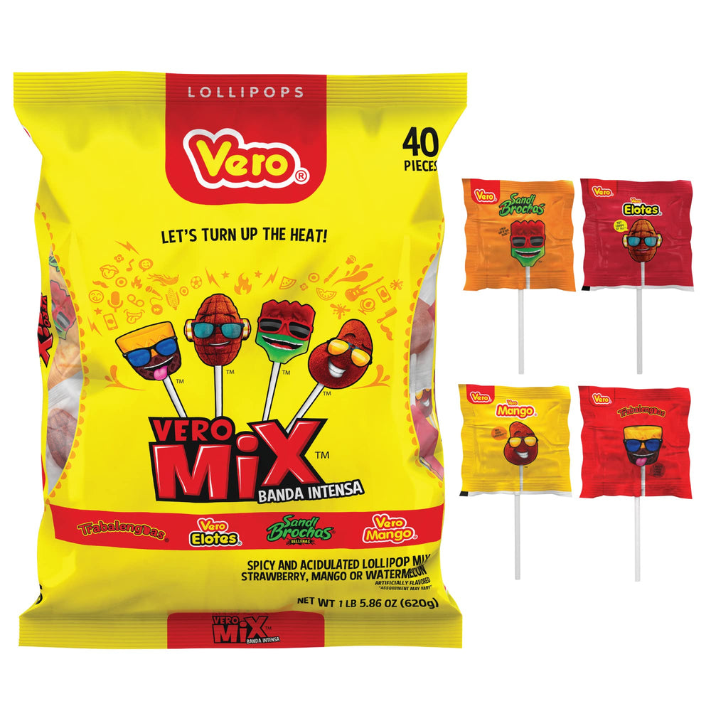 Vero Banda Fuego mango-coated chili lollipop for a sweet-spicy treat.