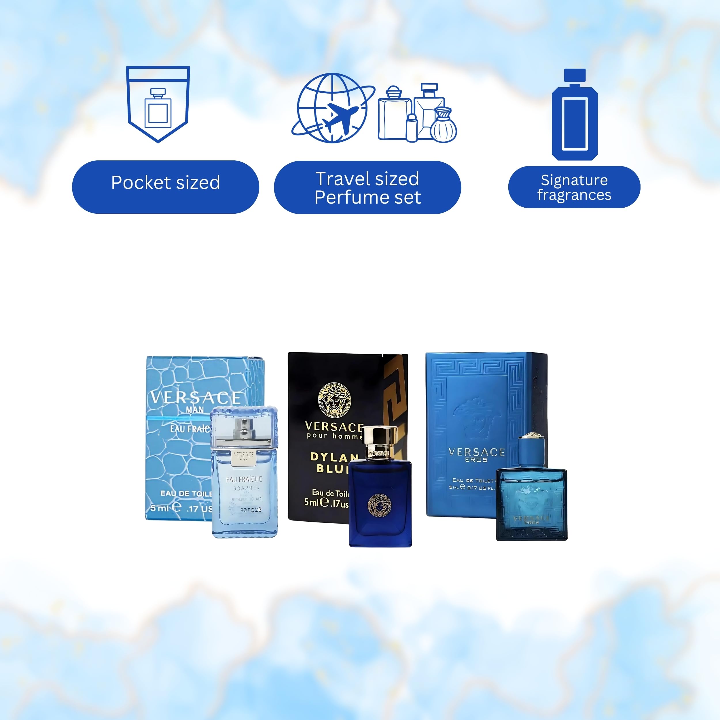Versace label close-up on mini bottle authentic design details.