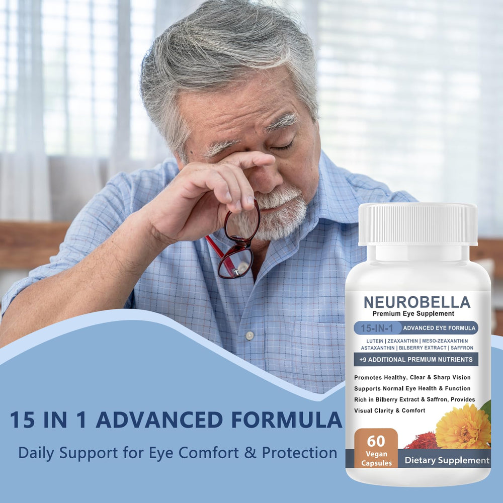 Close-up of Versafy Neurobella Eye Formula capsules, easy-to-swallow daily supplement