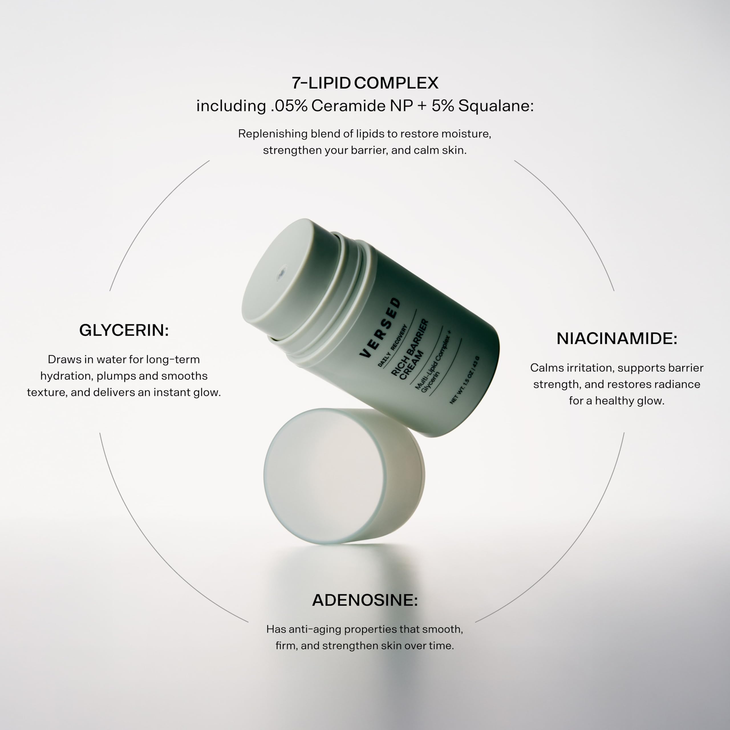 Versed Daily Recovery Rich Barrier Cream texture closeup highlights smooth finish.