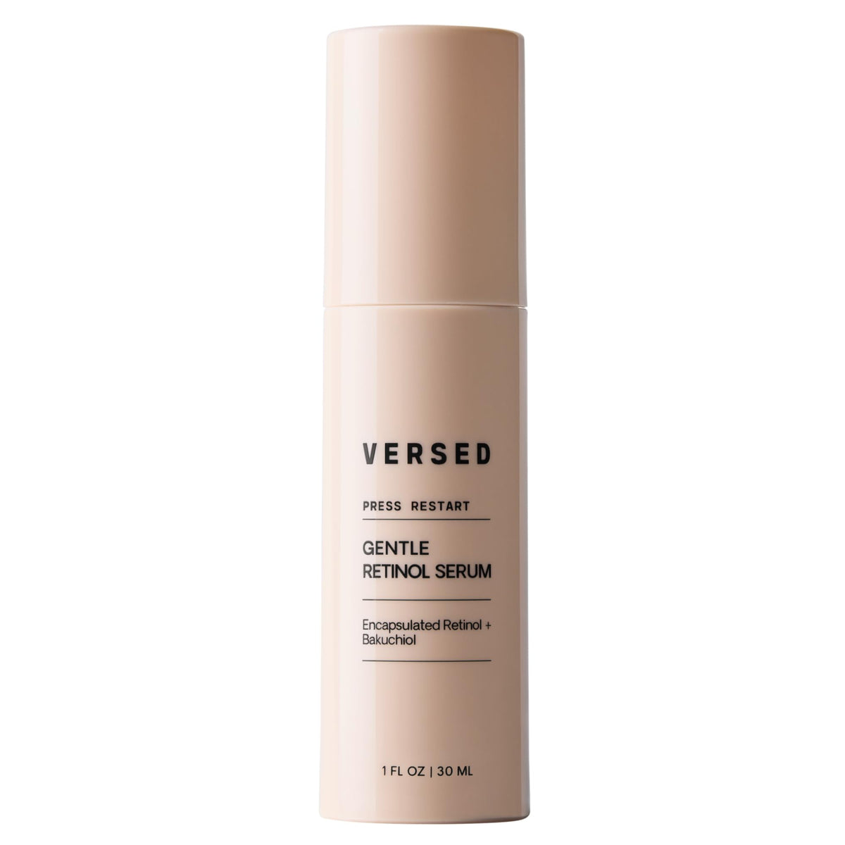 Versed Press Restart serum bottle close-up shows a gentle formula for sensitive skin.