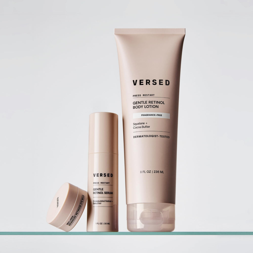 Versed Press Restart ingredients label highlights bakuchiol and microencapsulated retinol benefits.