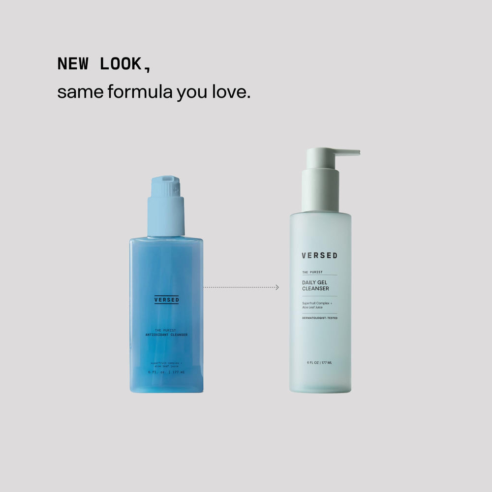 Versed Purist cleanser with blueberry and apple extracts supports soothing, conditioning skin.