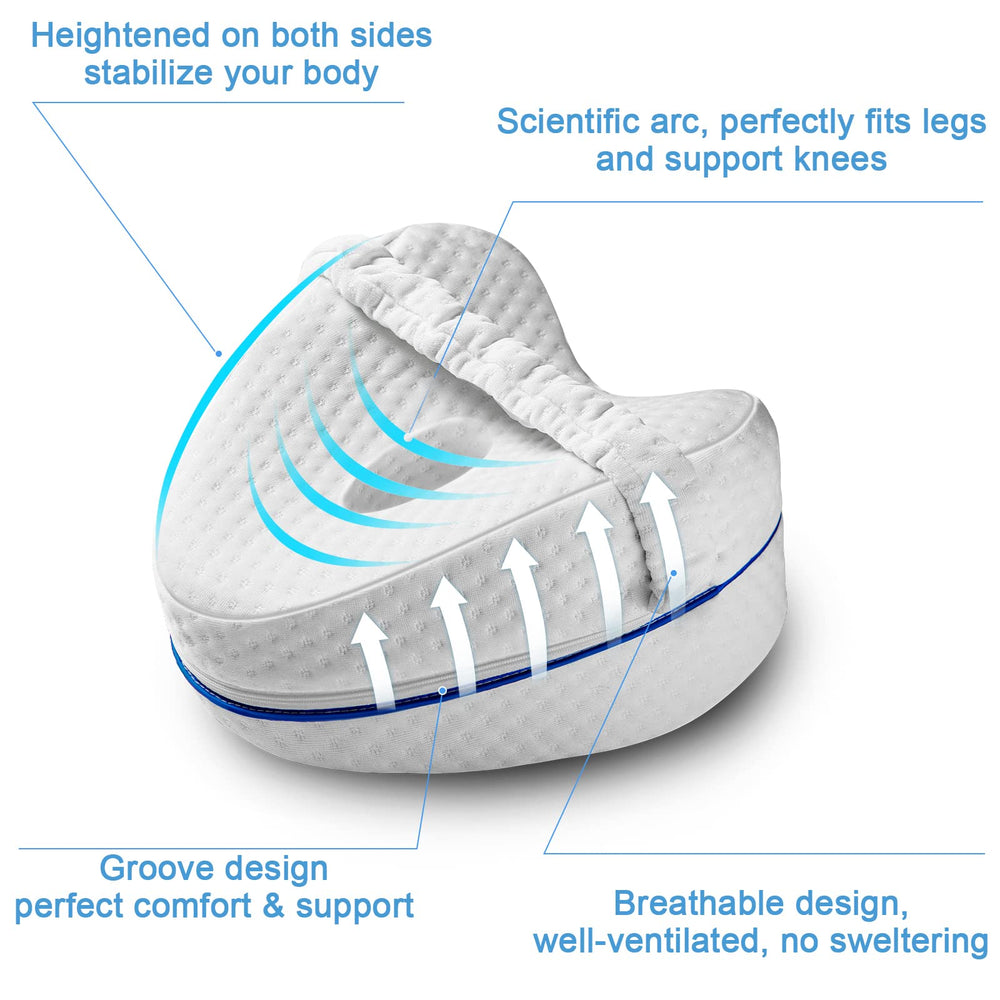 Vertdens leg pillow in side-sleep position on bed demonstrates spinal alignment.