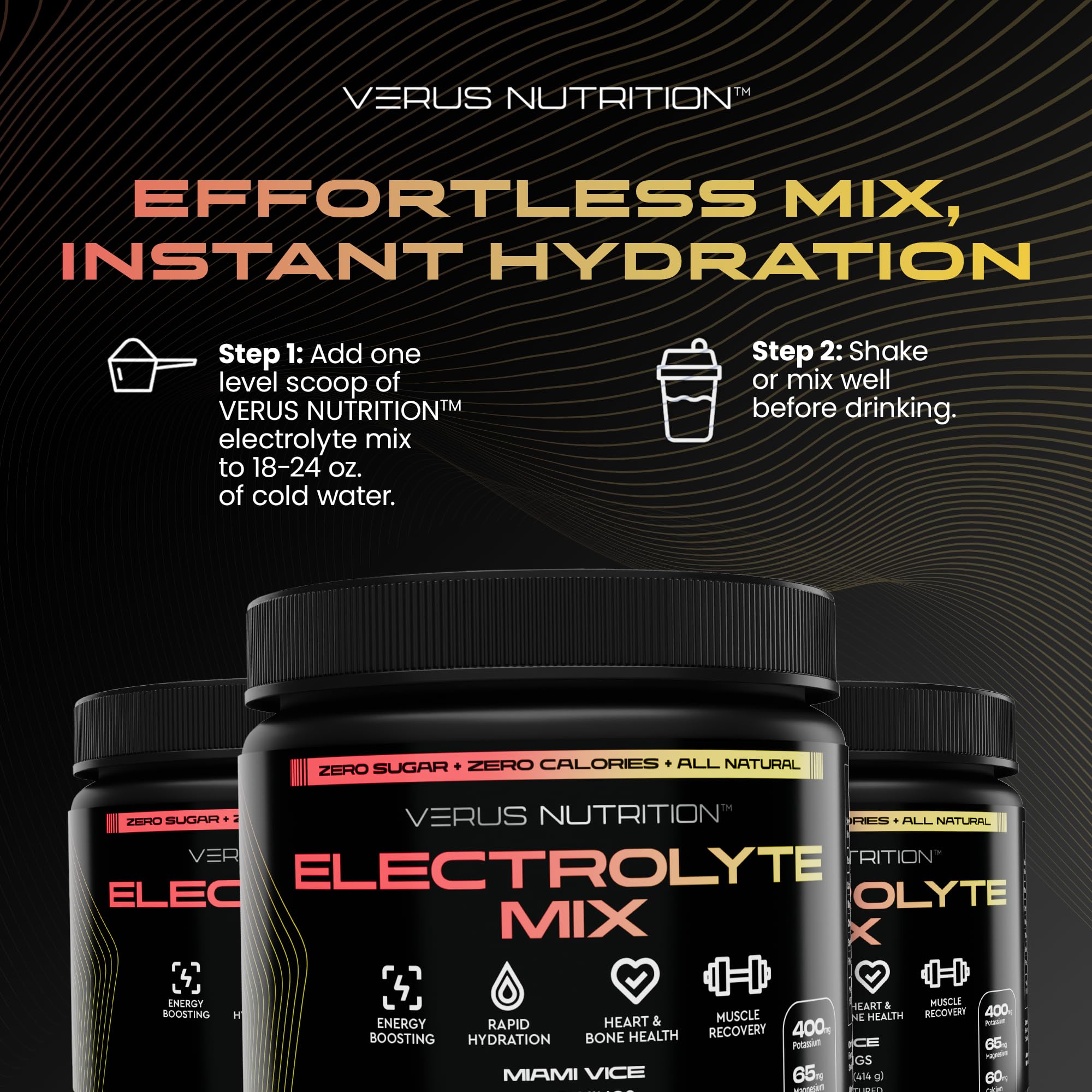VERUS NUTRITION vegan keto-friendly graphic spotlights plant-based hydration without sugar.