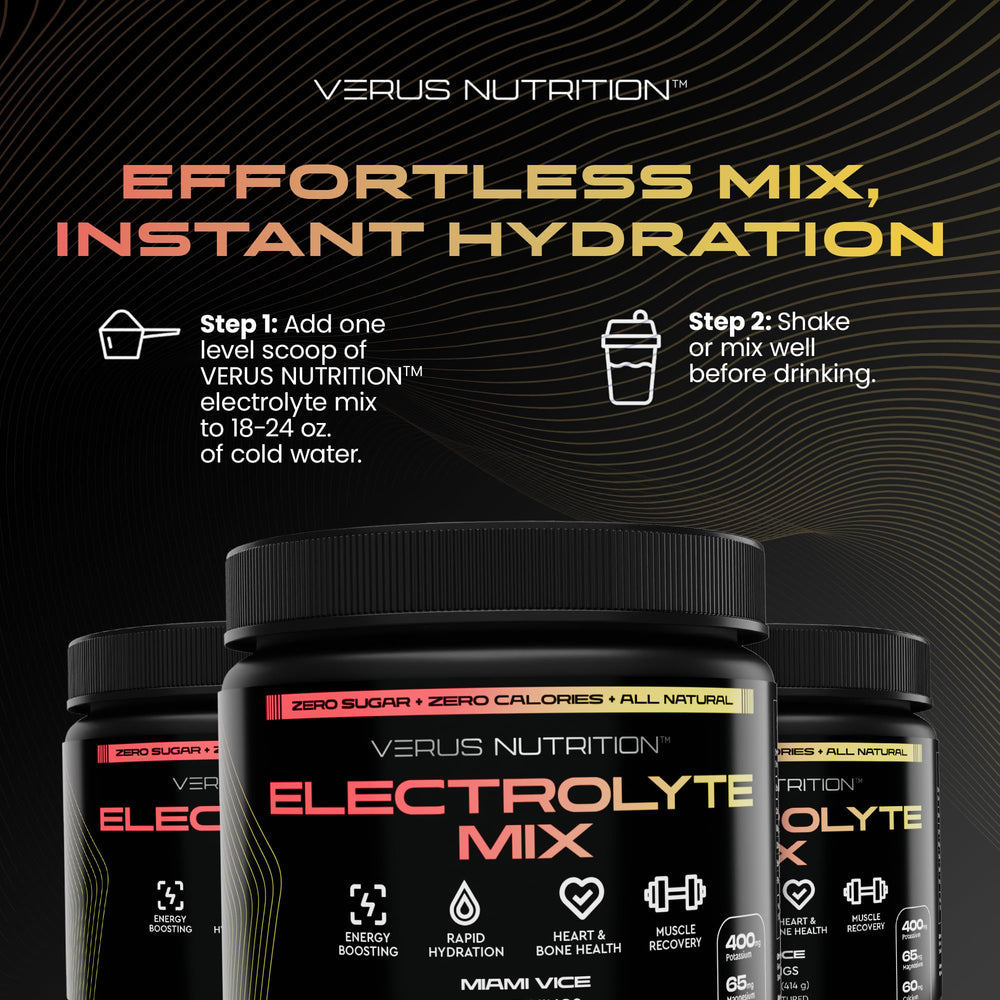 VERUS NUTRITION vegan keto-friendly graphic spotlights plant-based hydration without sugar.