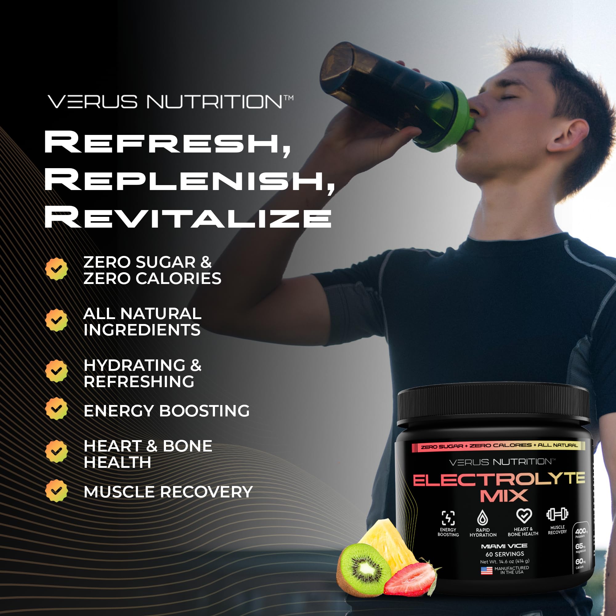 VERUS NUTRITION zero-sugar label closeup communicates calorie-free electrolyte support.