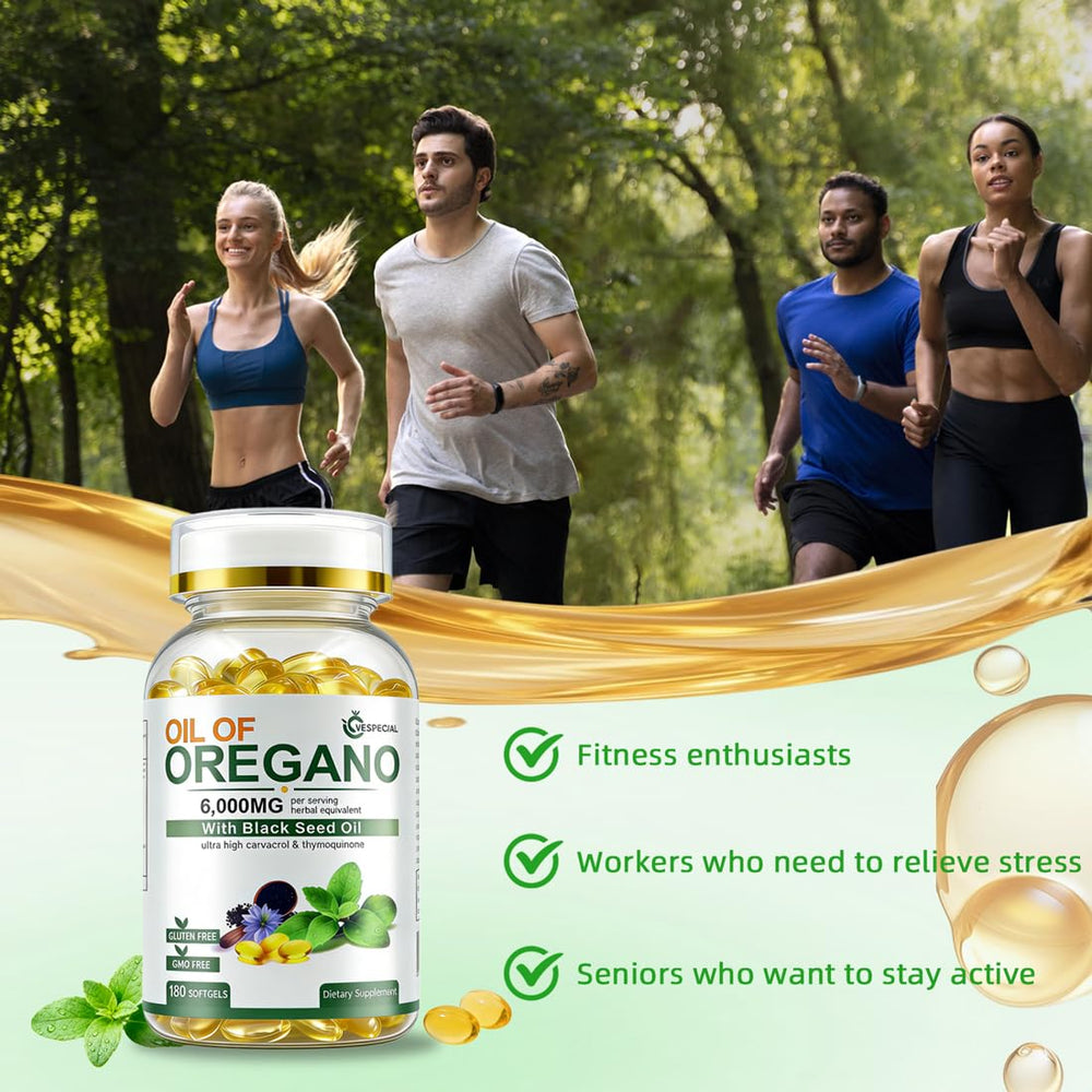 Vespecial 2-in-1 herb blend graphic showing oregano extract and black seed oil synergy.