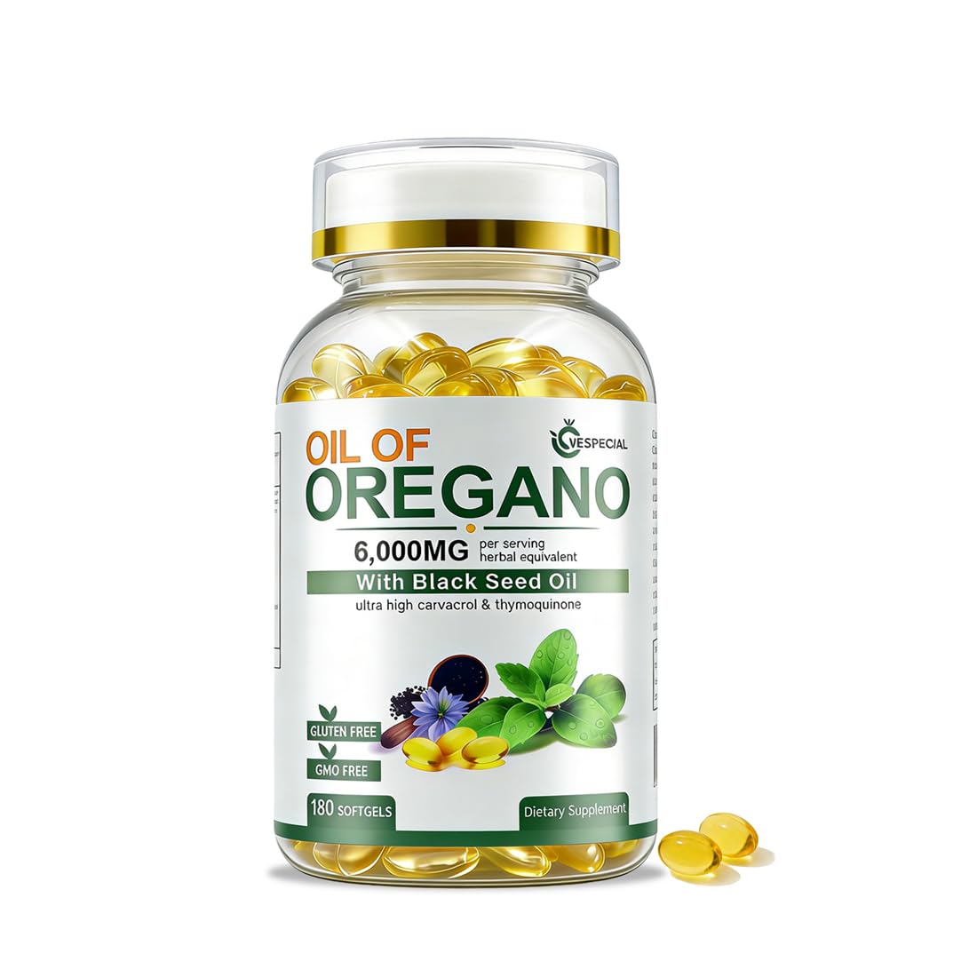 Vespecial Oil of Oregano softgels bottle front for immune support and everyday wellness.