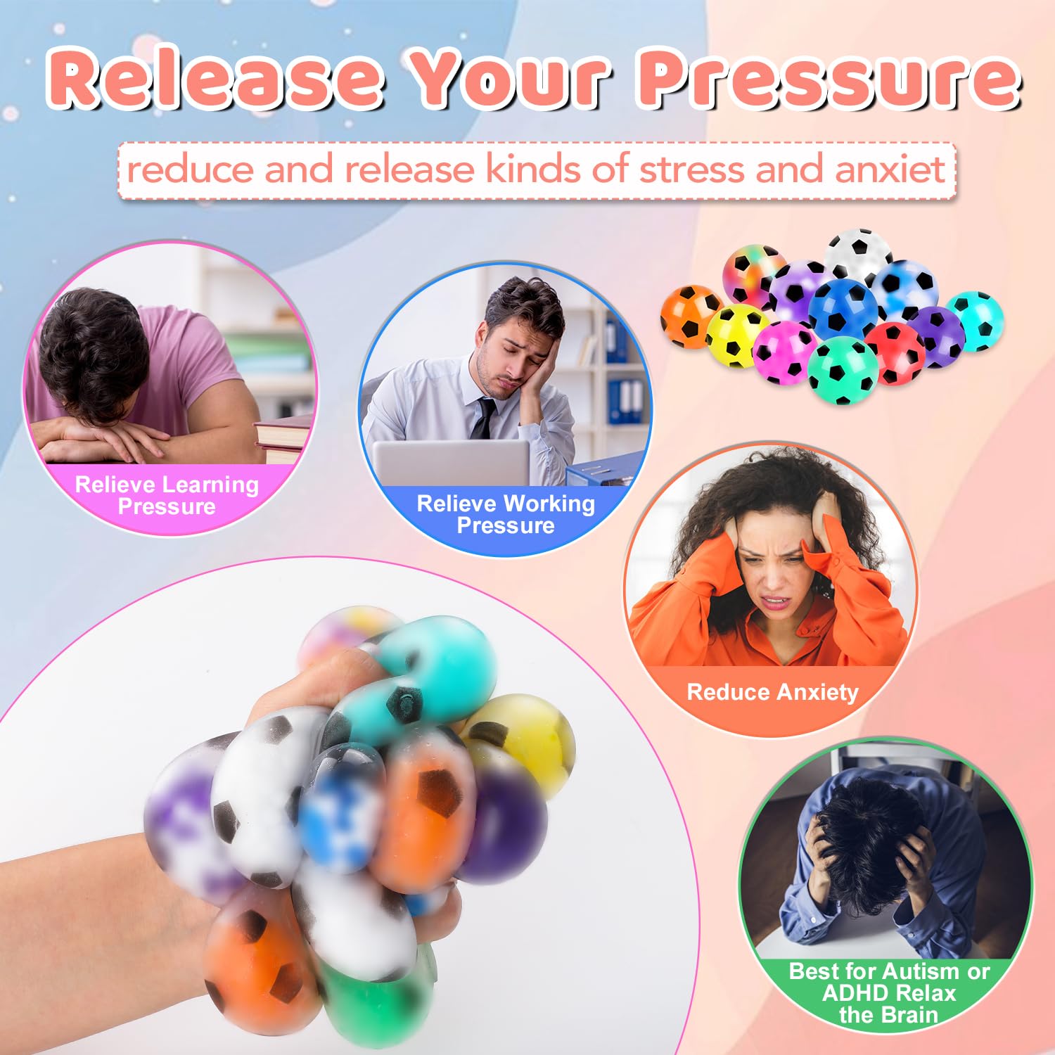 VESPRO durable TPR stress balls endure frequent squeezing for longevity.