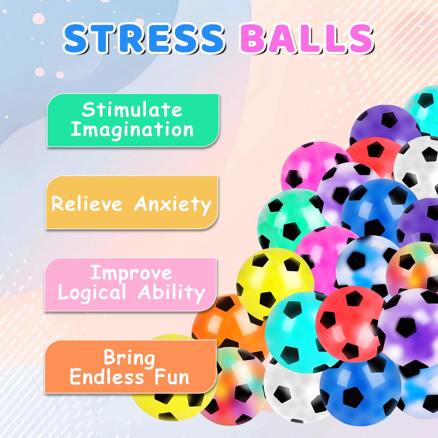 VESPRO soccer-stress balls in vibrant colors for desk use and focus.