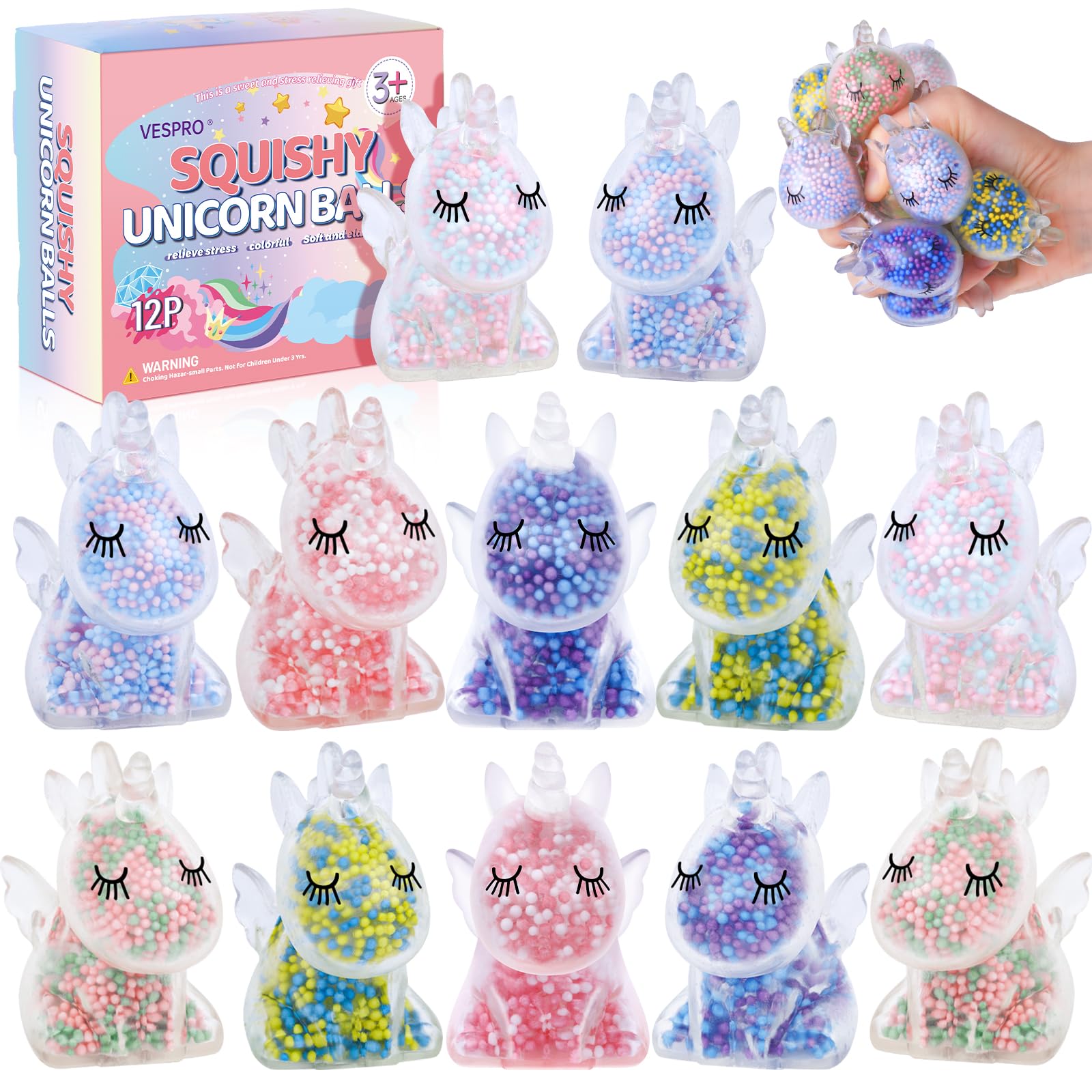 VESPRO unicorn stress ball 12-pack for calm focus and tactile fun.