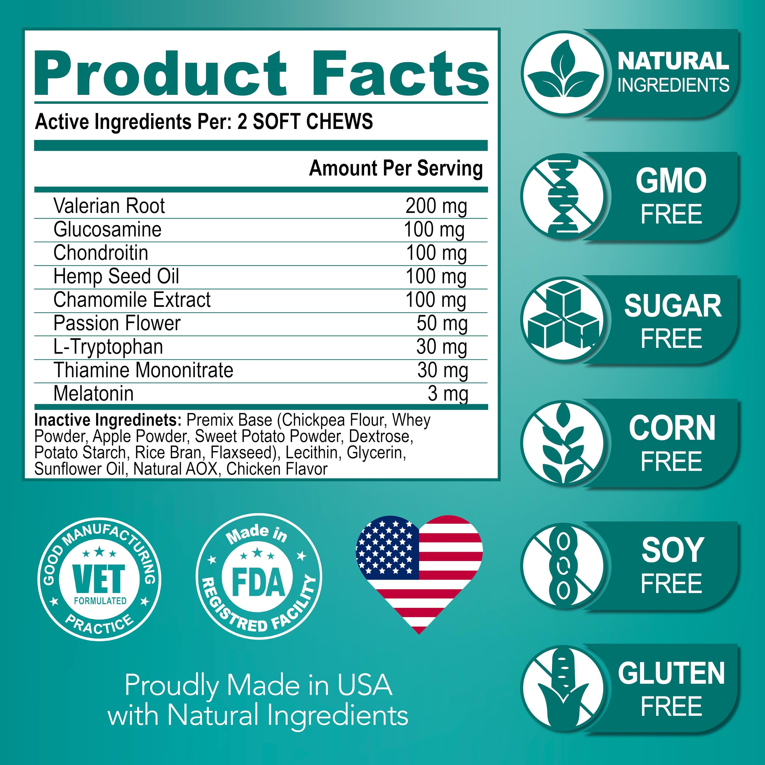 Vet Promise Advanced Calming Chews made in USA seal signifies vet-formulated quality.