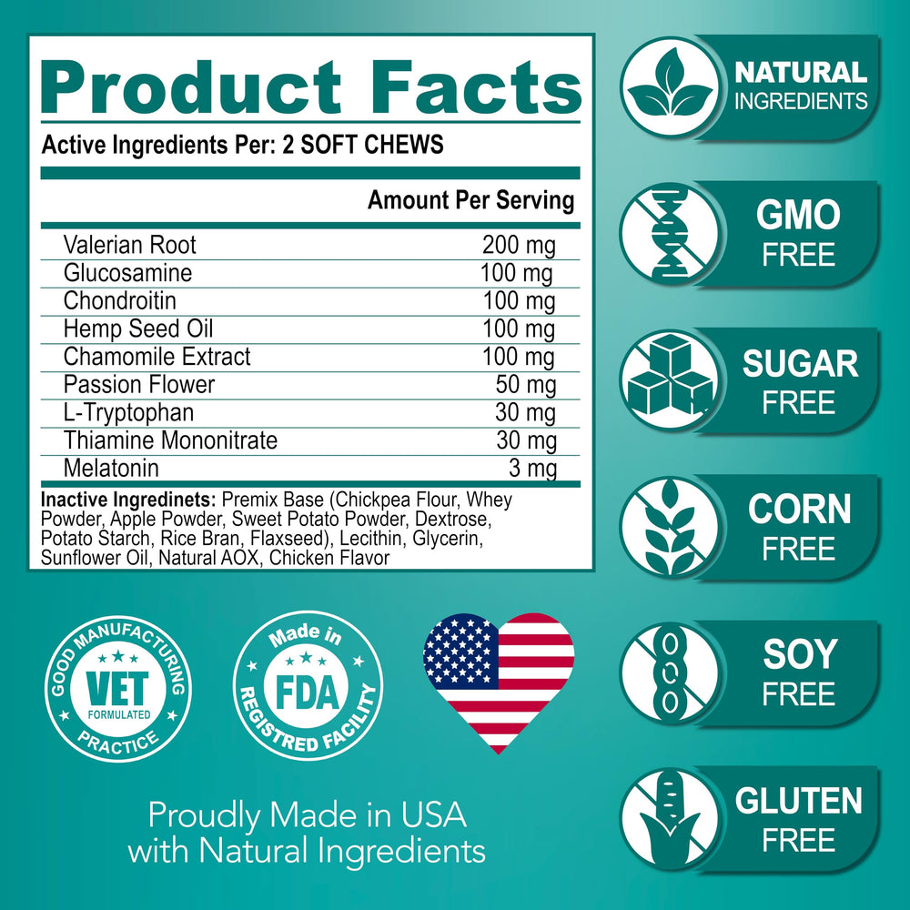 Vet Promise Advanced Calming Chews made in USA seal signifies vet-formulated quality.