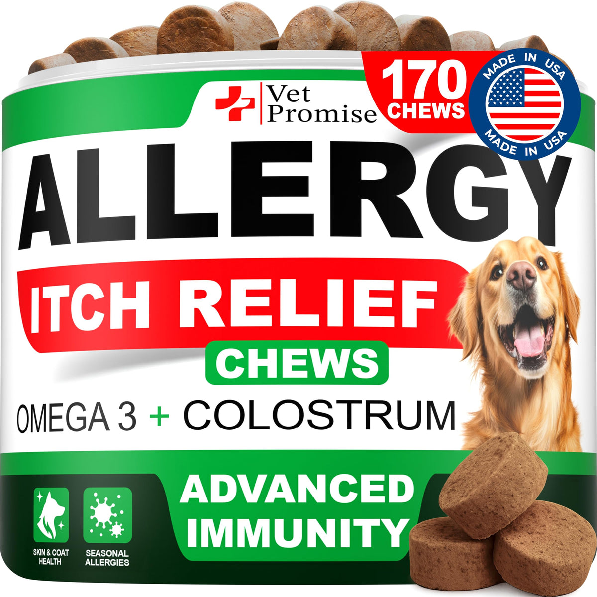 Vet Promise Dog Allergy Relief Chews pack shot shows premium ingredients and itchy skin relief.