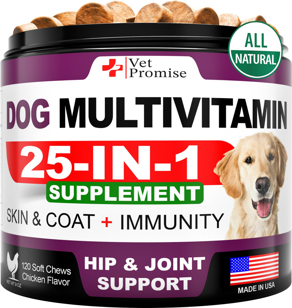 Vet Promise dog multivitamin chew bottle shows 120 chews for joint support and overall immunity.
