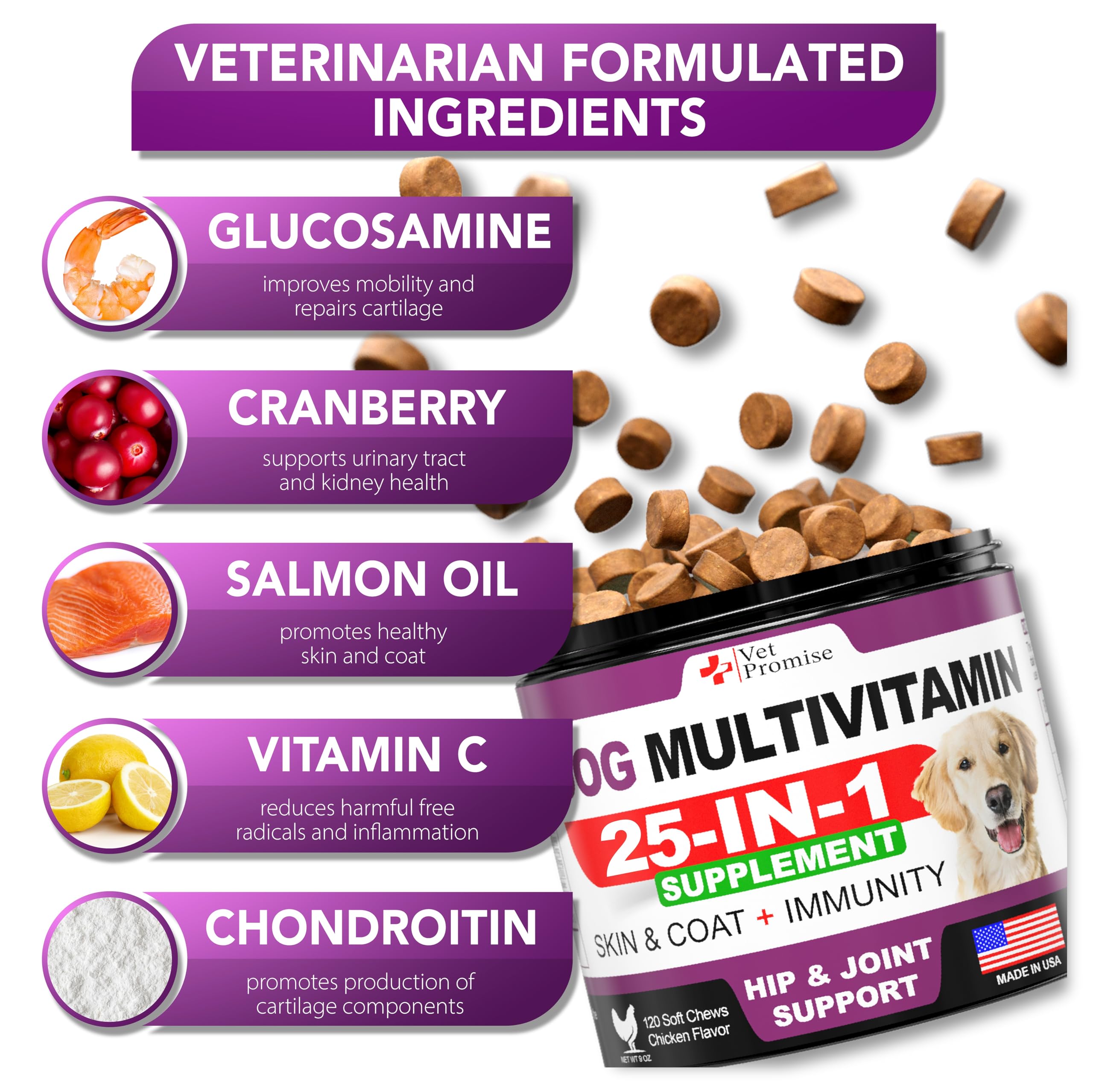 Vet Promise probiotics blend chews closeup signals gut health support for dogs.