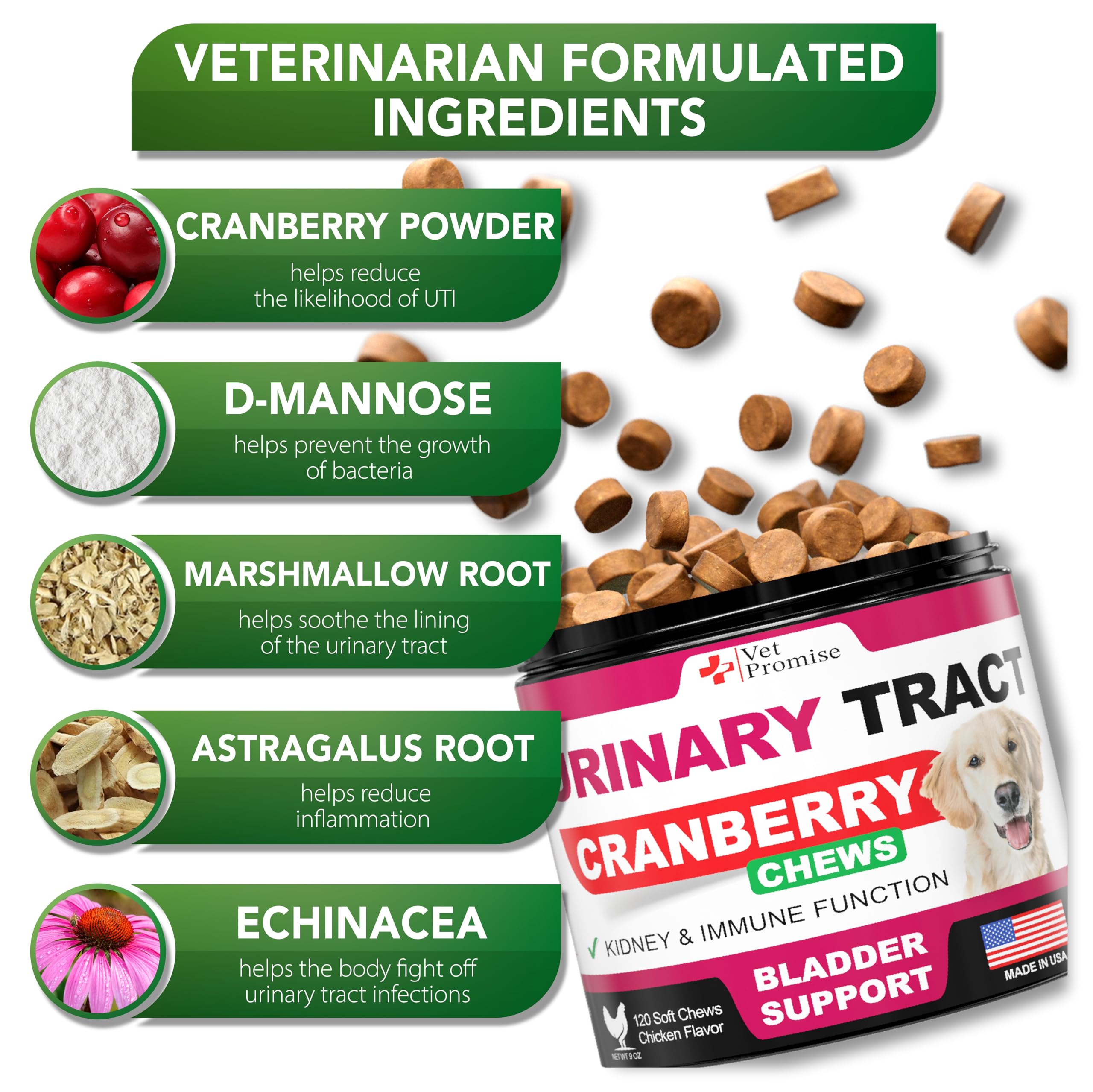Vet Promise Dog UTI Chews chews closeup emphasizing bladder and urinary wellness.