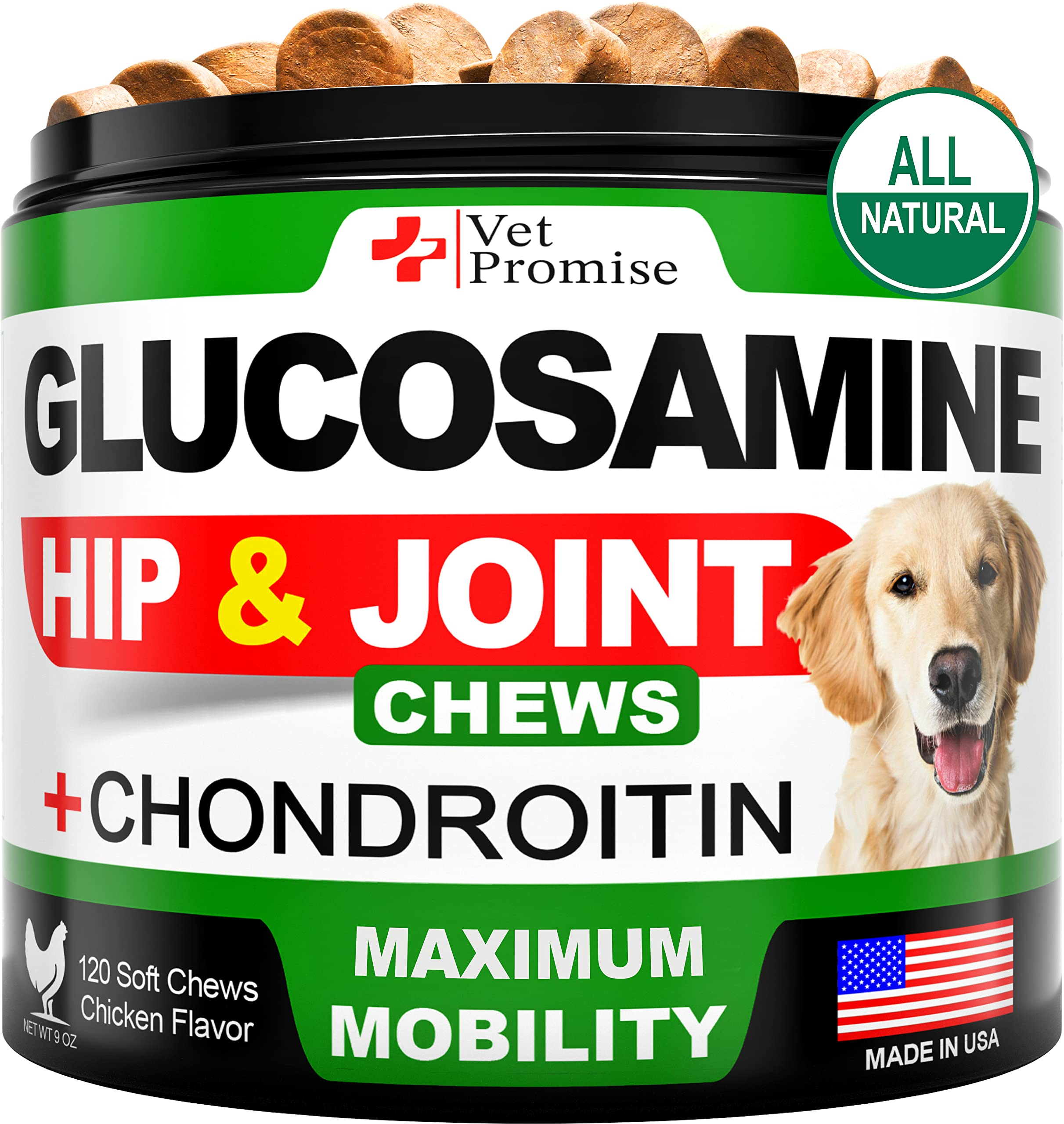 Vet Promise Glucosamine for Dogs bottle front, highlighting joint support for mobility.