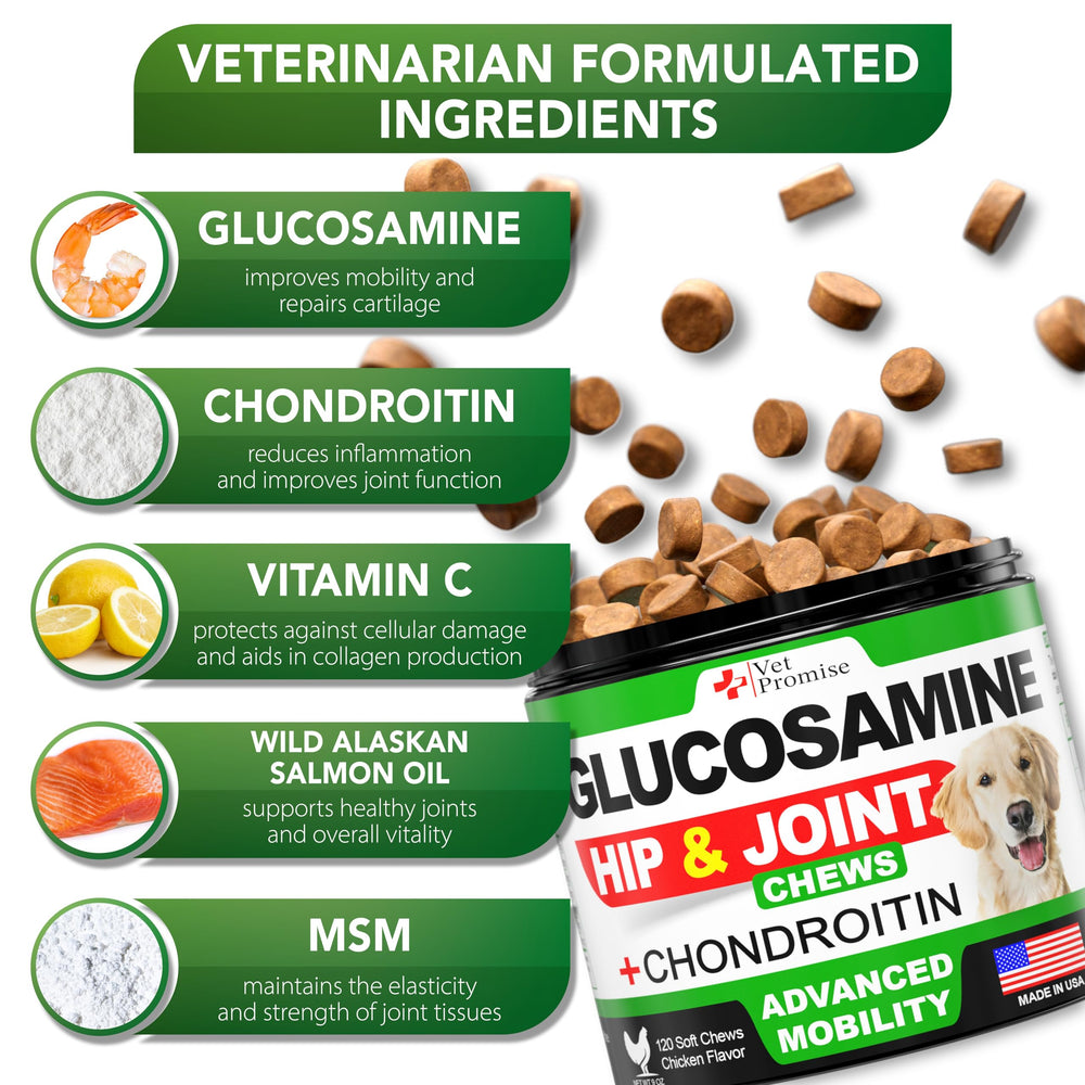 Vet Promise Glucosamine for Dogs ingredients panel highlights natural components for joint support.