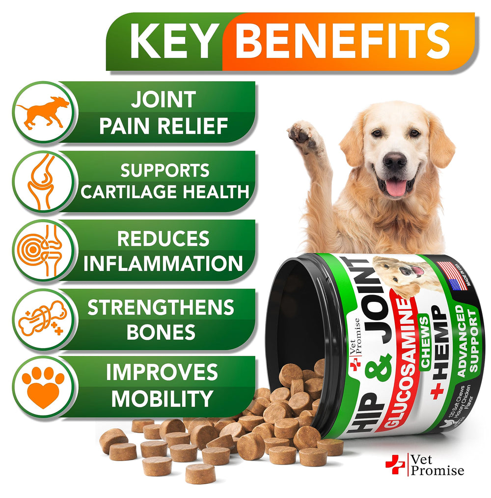 Vet Promise hip and joint supplement bottle label highlighting natural ingredients for mobility.