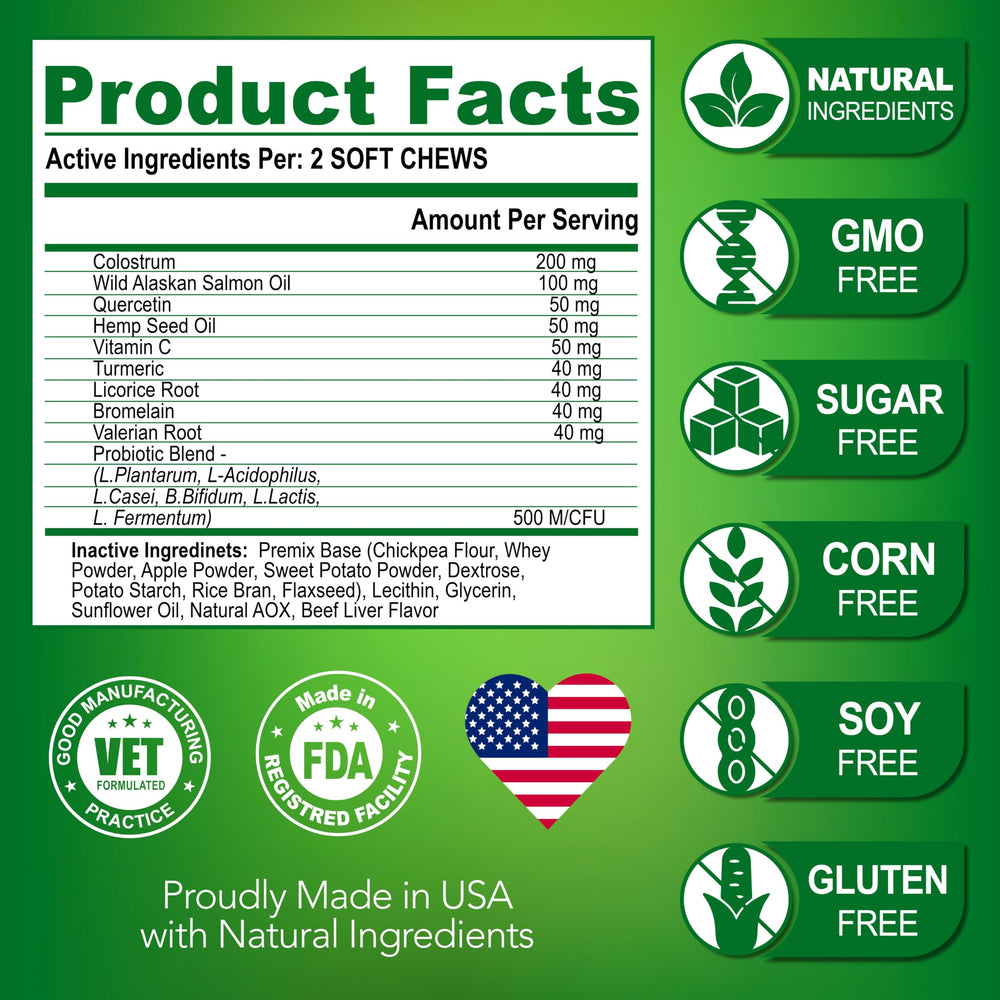 Vet Promise No sugar, wheat, corn, GMO preservatives; premium ingredients for gentle allergy support.