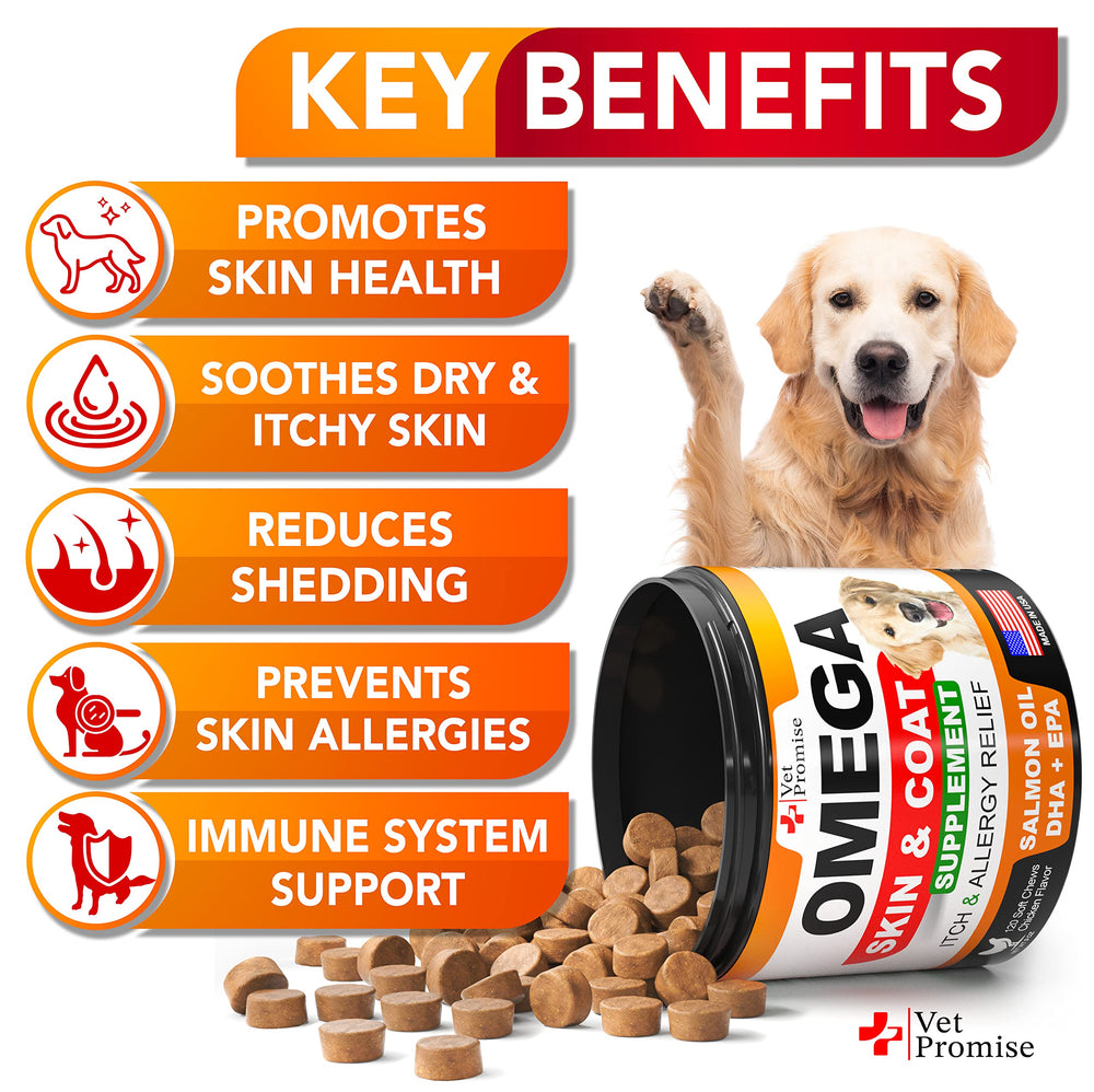 Vet Promise Omega-3 for dogs supports a healthier coat and skin.