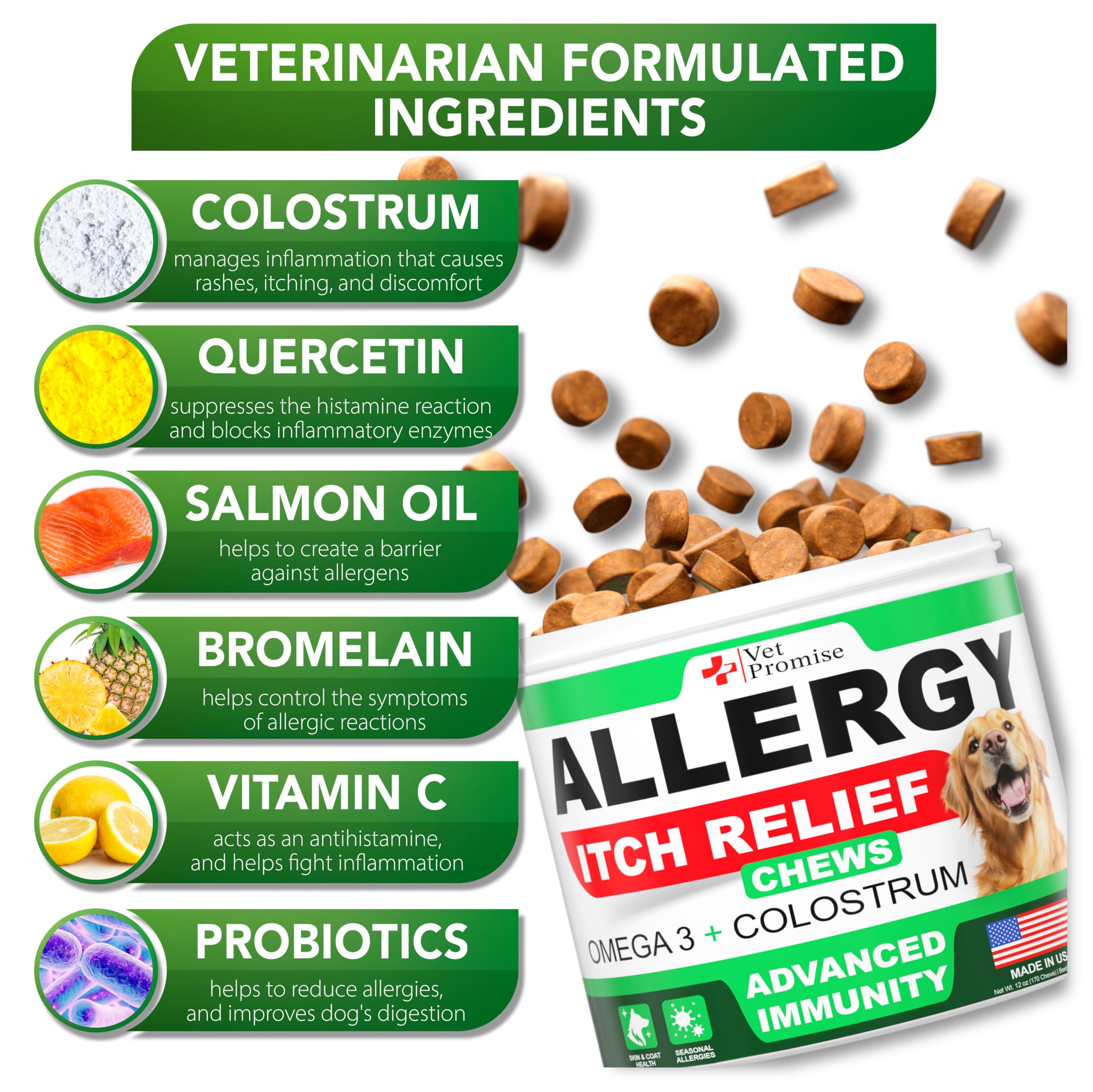 Vet Promise Omega-3 fish oil infused chews promote a glossy coat and healthy skin.