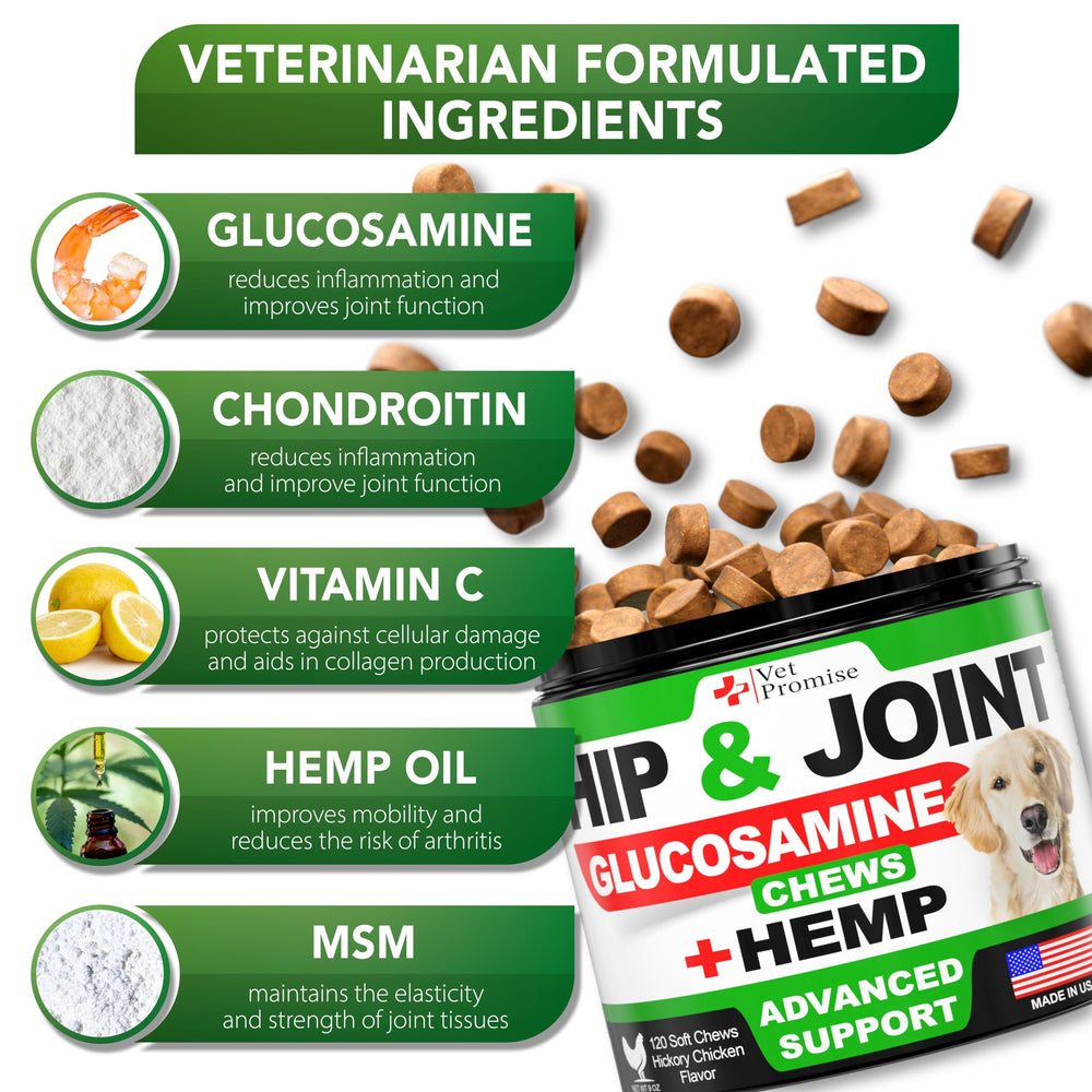 Vet Promise soft chews close-up emphasizing tasty texture and joint comfort benefits.
