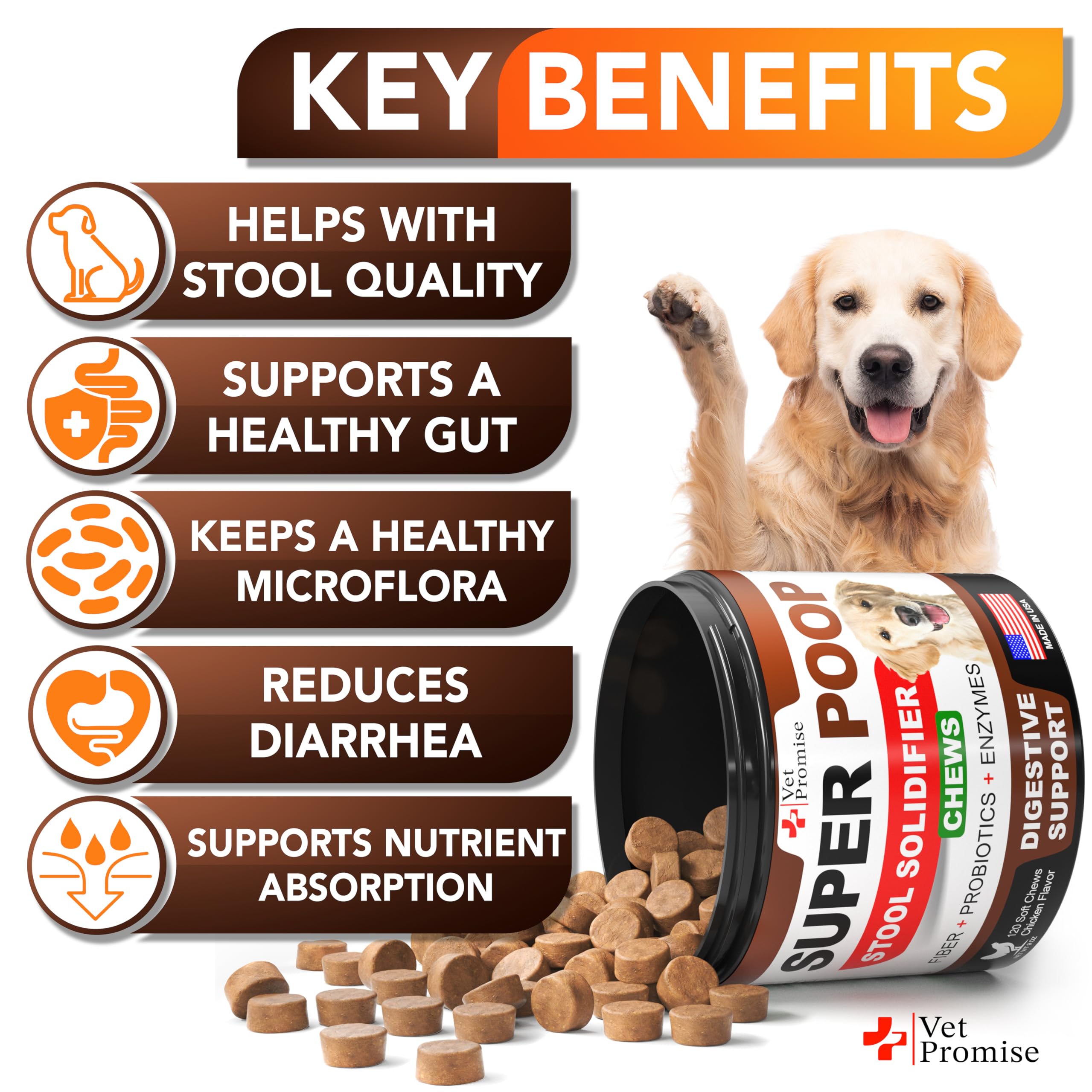 Close-up of Vet Promise Super Poop Probiotics chews reveals natural fiber and probiotic ingredients.