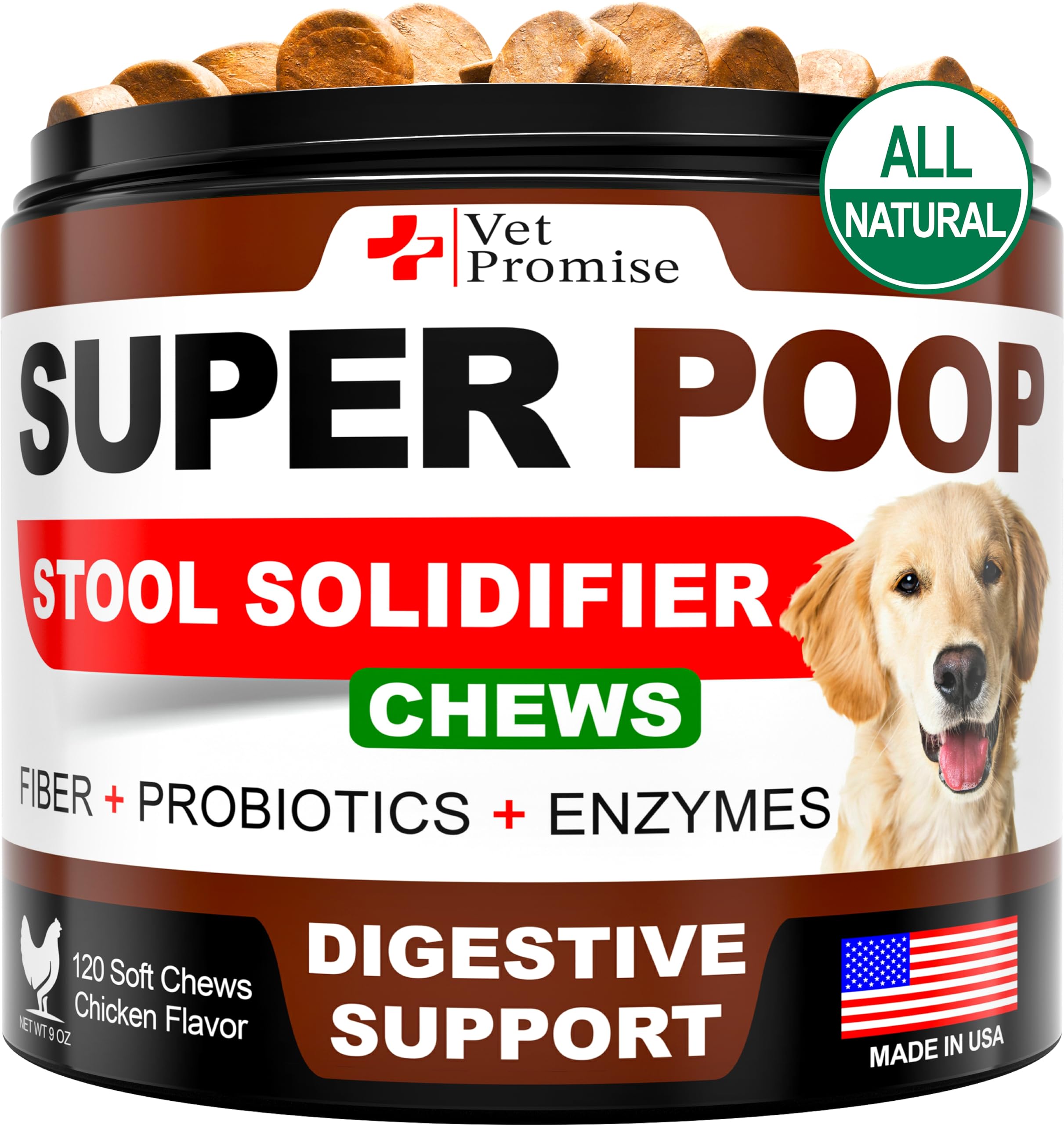 Vet Promise Super Poop Probiotics packaging showing USA-made dog gut support.