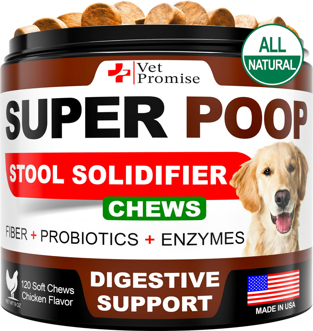Vet Promise Super Poop Probiotics packaging showing USA-made dog gut support.