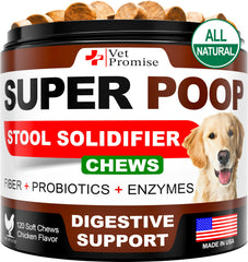 Vet Promise Super Poop Probiotics packaging showing USA-made dog gut support.