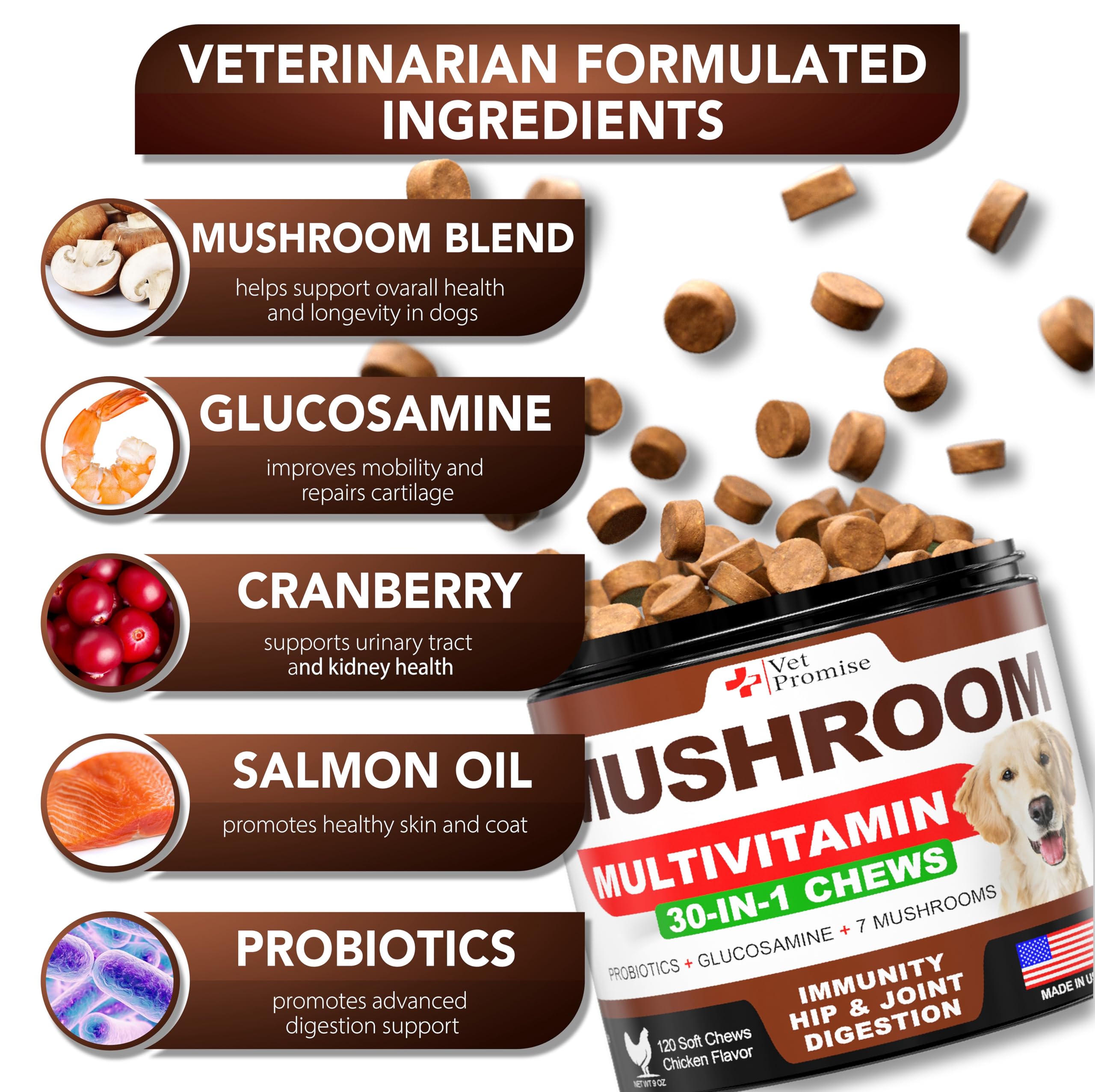 Vet Promise Turkey Tail dog chews bottle open showing ingredient list.