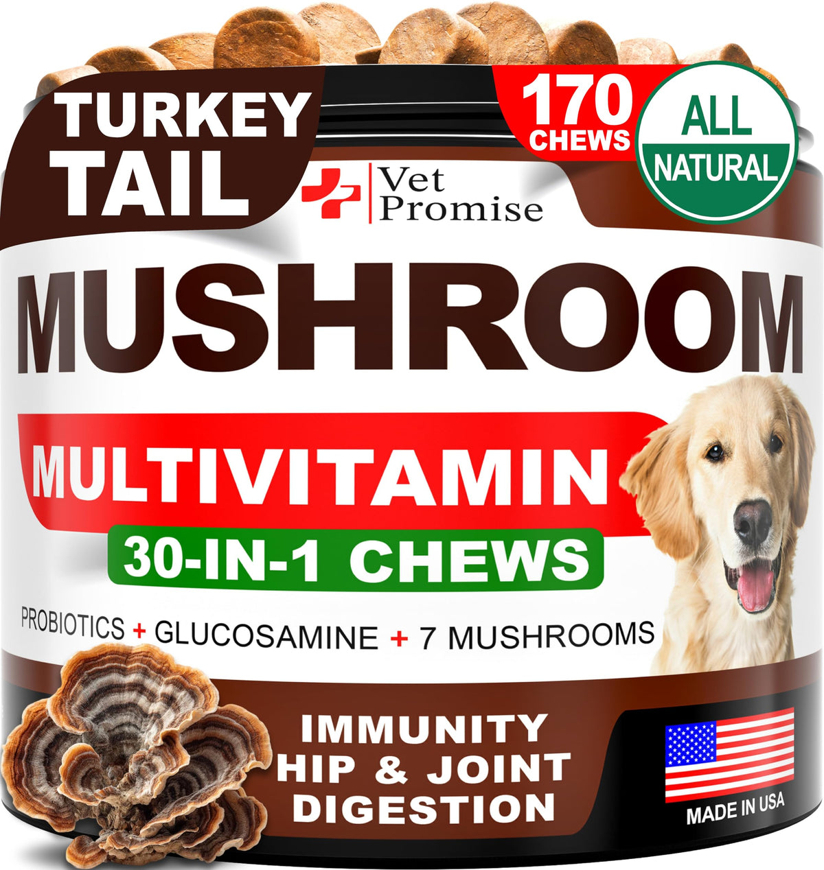 Vet Promise Turkey Tail dog chews front label highlighting 30-in-1 benefits for immunity.