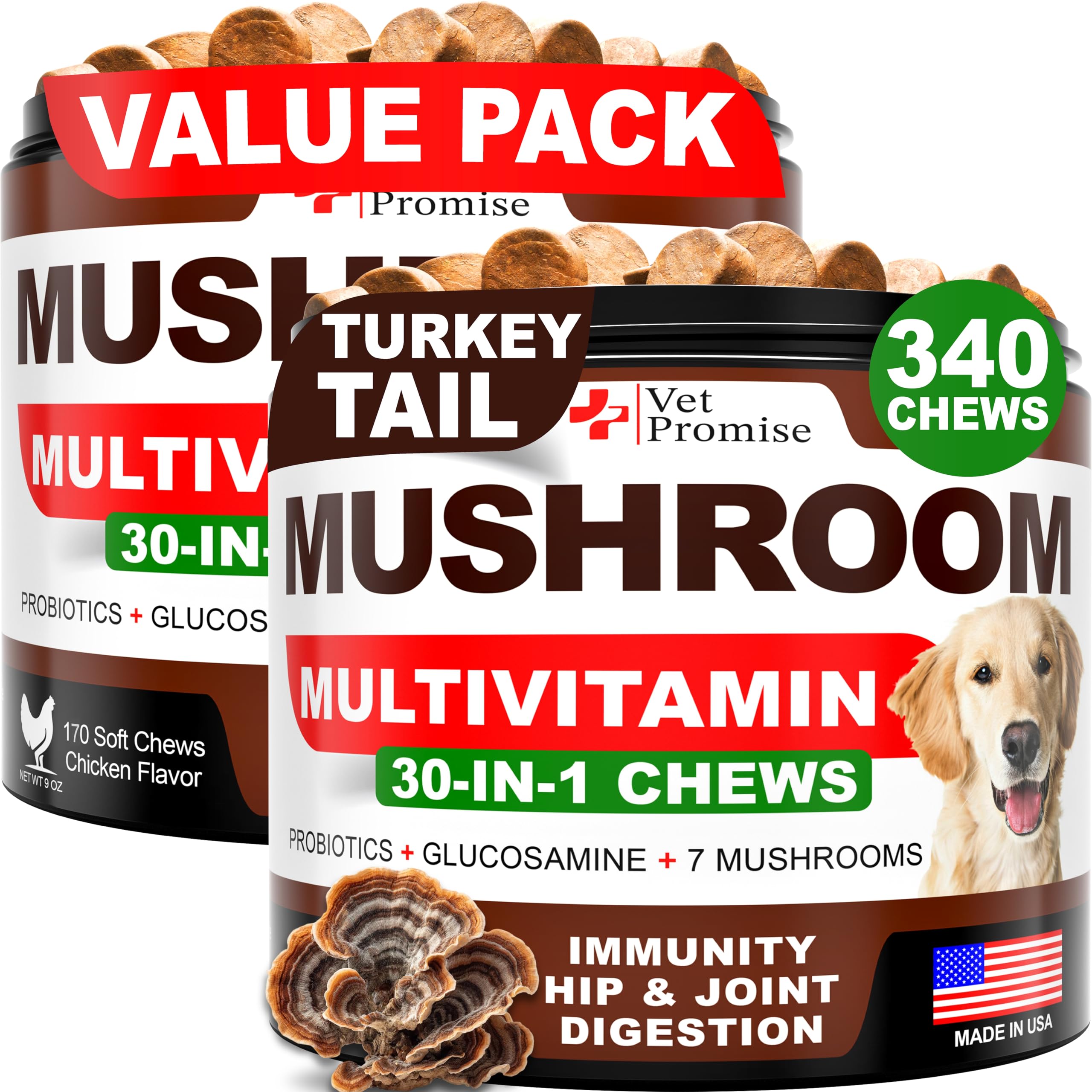 Vet Promise Turkey Tail dog mushroom chews promoting immune support.