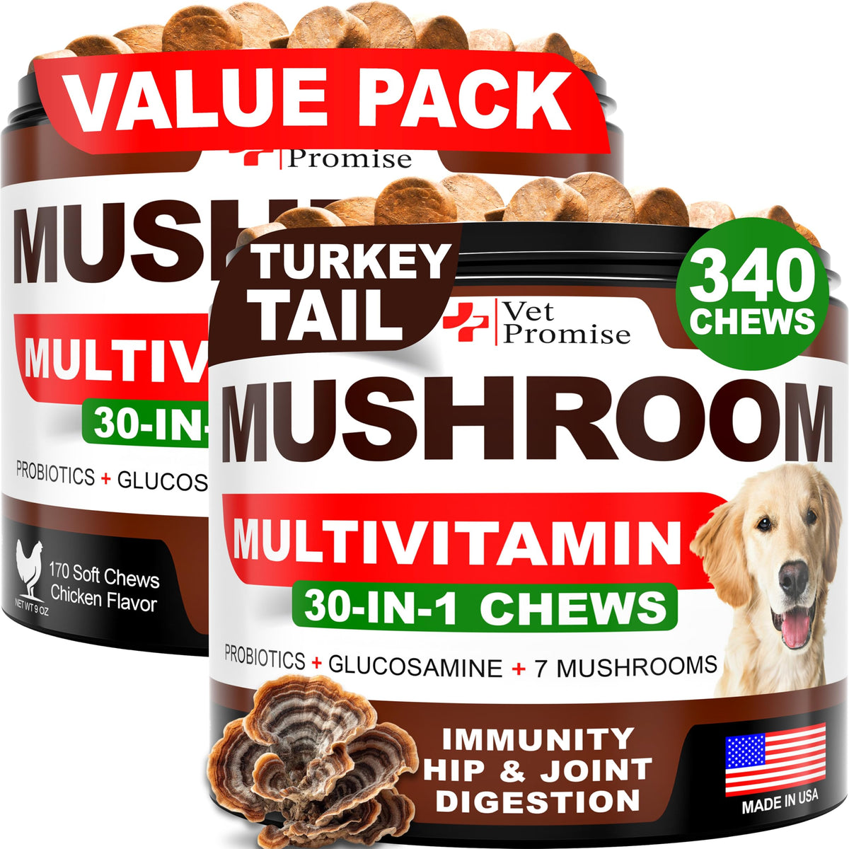 Vet Promise Turkey Tail dog mushroom chews promoting immune support.