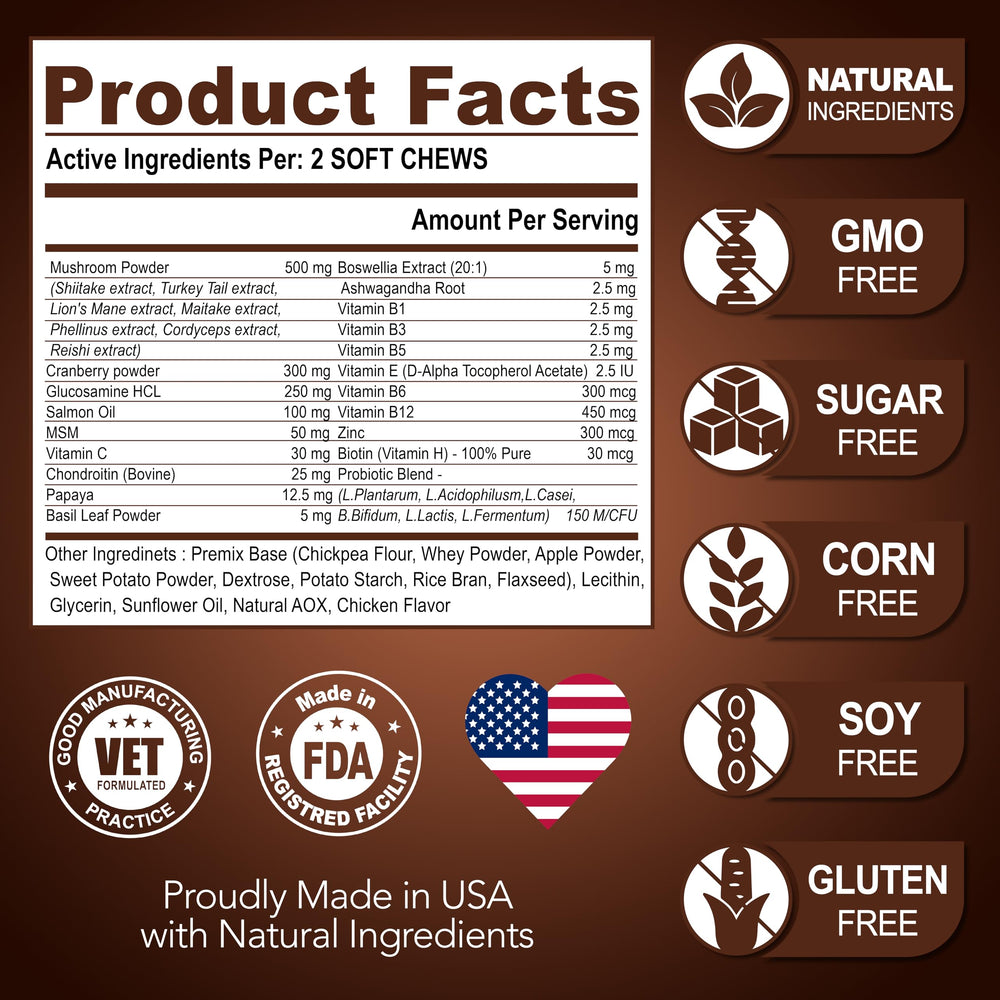 Vet Promise USA-made dog supplement jar with fresh chews on wood.