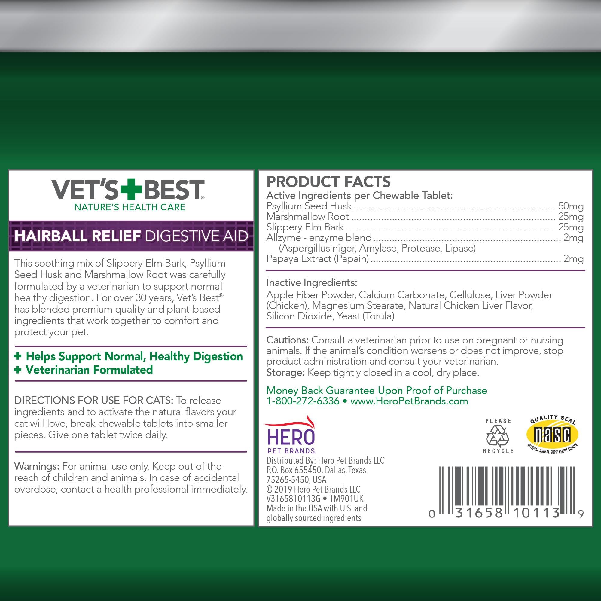 Vet's Best Cat Hairball Relief chews shown in a bowl, appealing chicken flavor