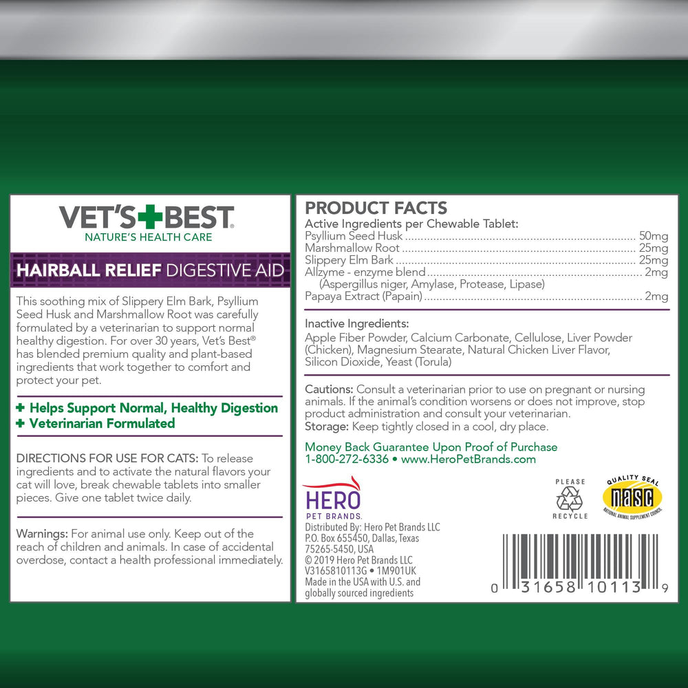 Vet's Best Cat Hairball Relief chews shown in a bowl, appealing chicken flavor