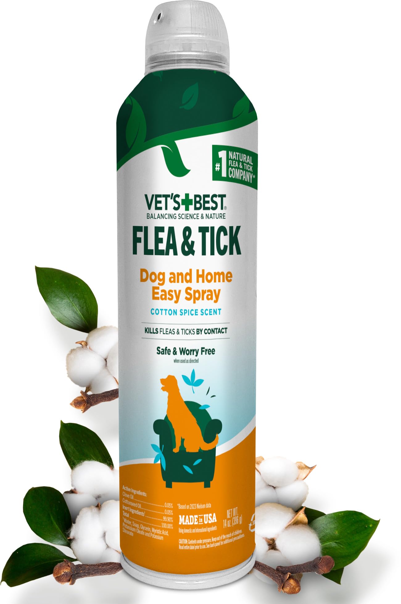 Vet's Best Easy Spray bottle applying Cotton Spice scent to a dog's coat for pest protection.
